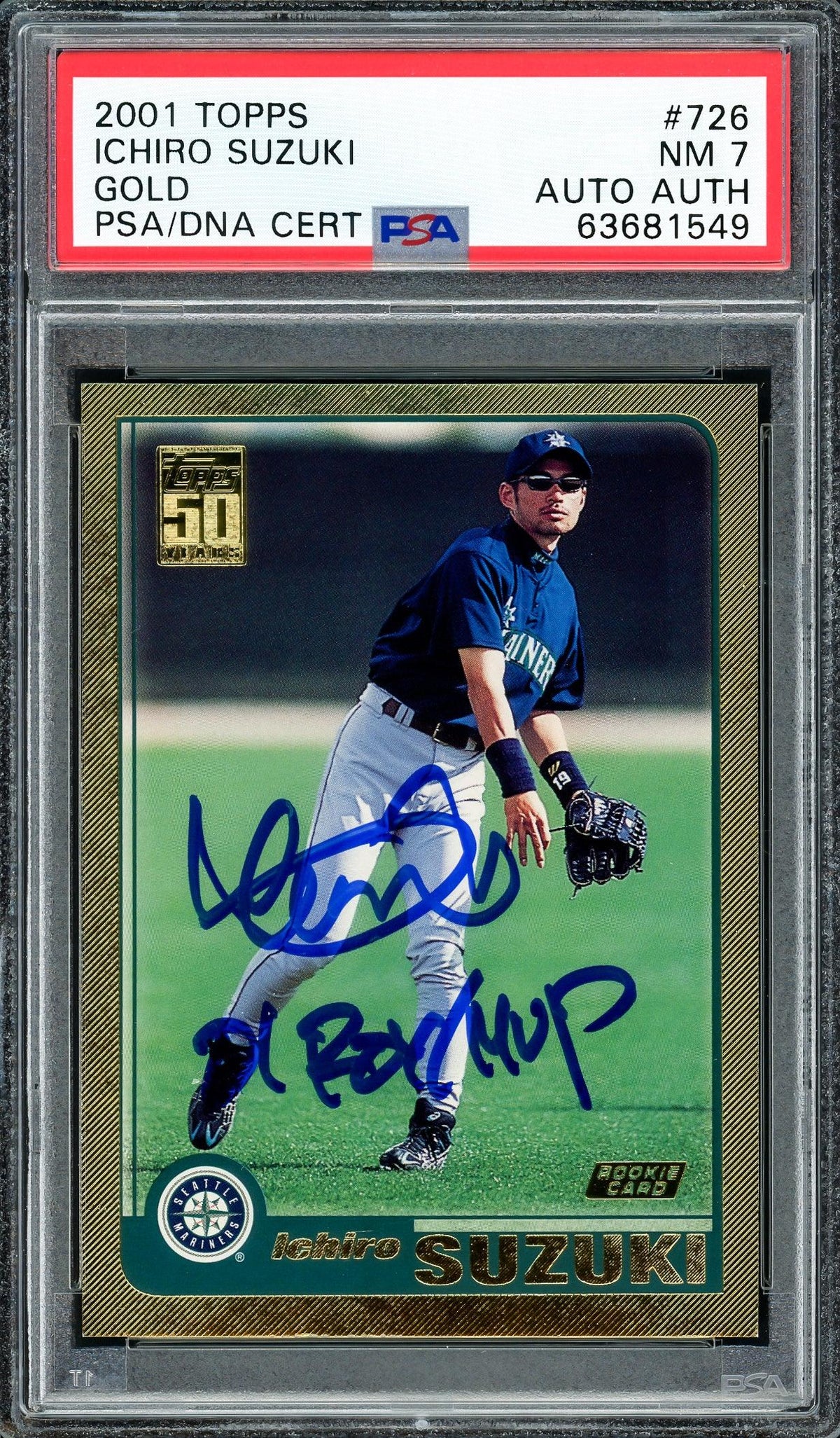 Ichiro Suzuki Autographed 2001 Topps Gold Rookie Card #726 Seattle Mariners PSA 7 "01 ROY MVP" PSA/DNA #63681549