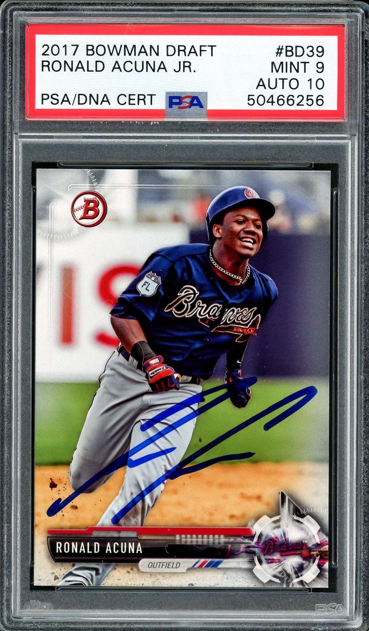 Ronald Acuna Jr. Autographed 2017 Bowman Draft Rookie Card #BD39 Atlanta Braves PSA 9 Auto Grade Gem Mint 10 PSA/DNA #50466256