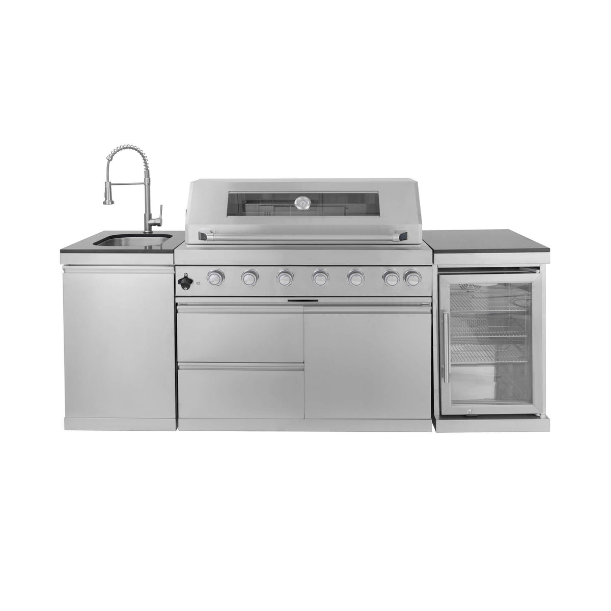 Castelle Flame 44-Inch 6-Burner 85K BTU Stainless Steel Outdoor BBQ Kitchen Island Grill With Wine Cooler, Rotisserie Kit, And Storage Cabinets (SAK97105) (Liquid Propane)