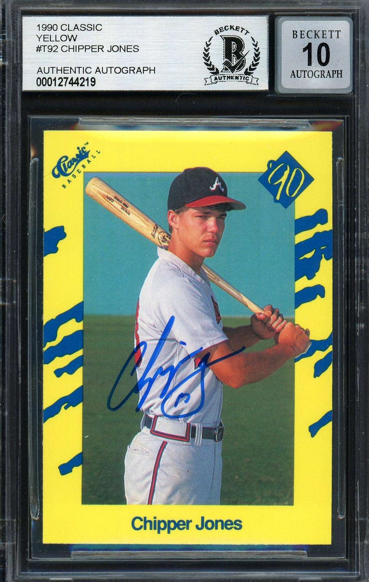 Chipper Jones Autographed 1990 Classic Rookie Card #T92 Atlanta Braves Auto Grade Gem Mint 10 Beckett BAS Stock #192889