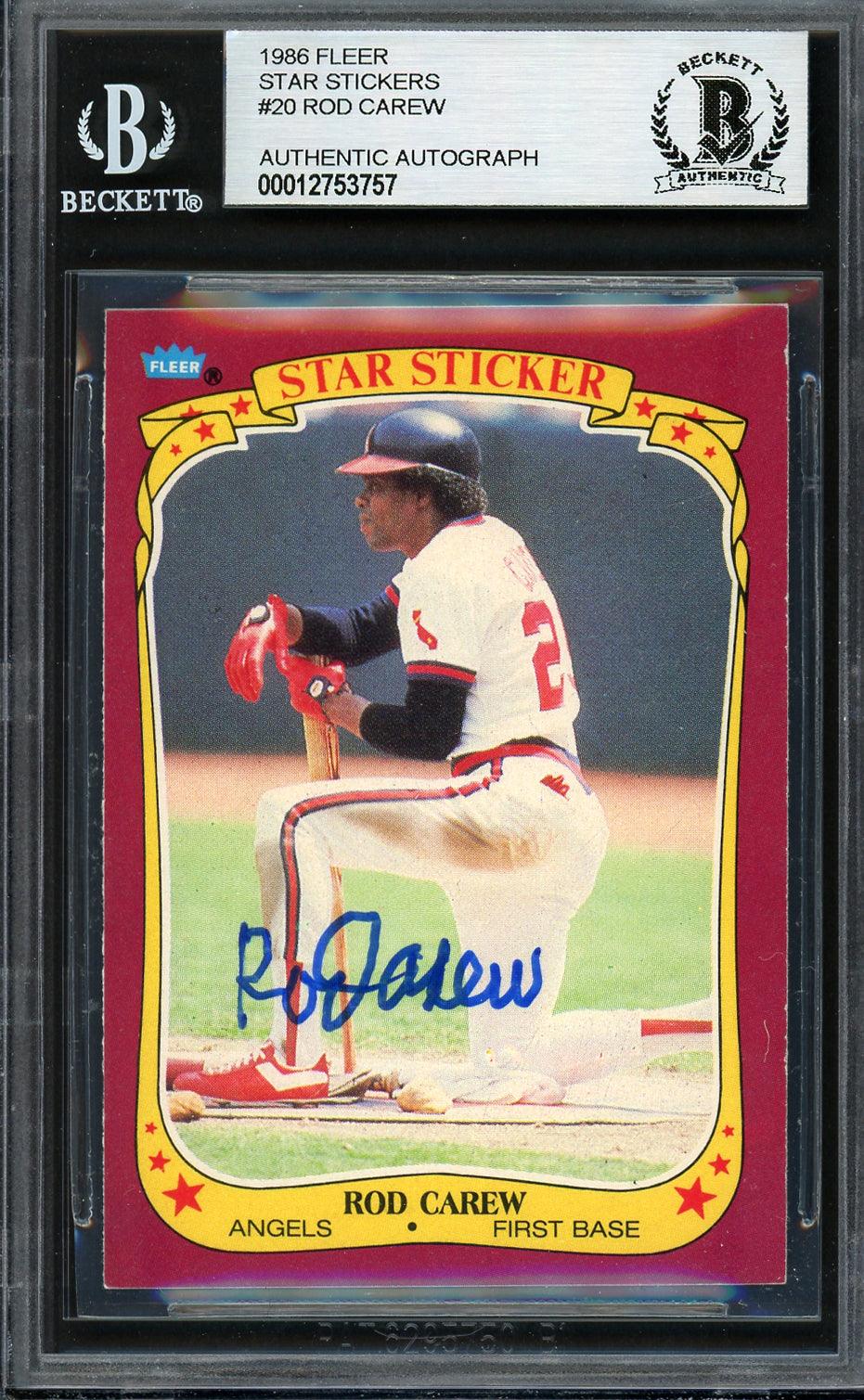 Rod Carew Autographed 1986 Fleer Star Sticker Card #20 California Angels Beckett BAS Stock #193247