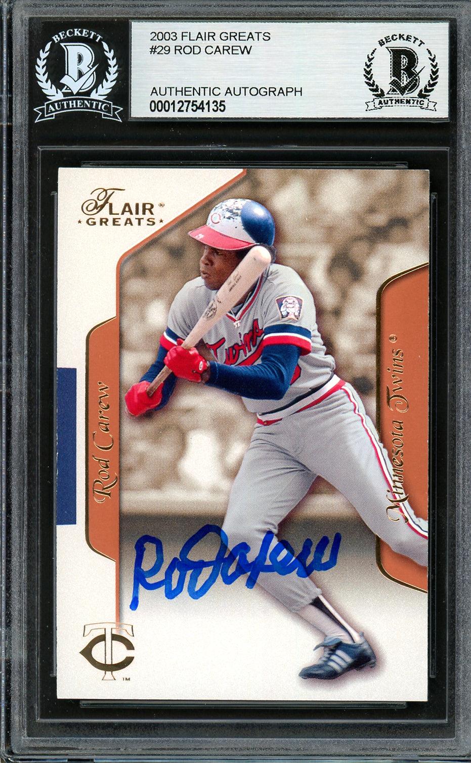 Rod Carew Autographed 2003 Fleer Flair Greats Card #29 Minnesota Twins Beckett BAS Stock #193308