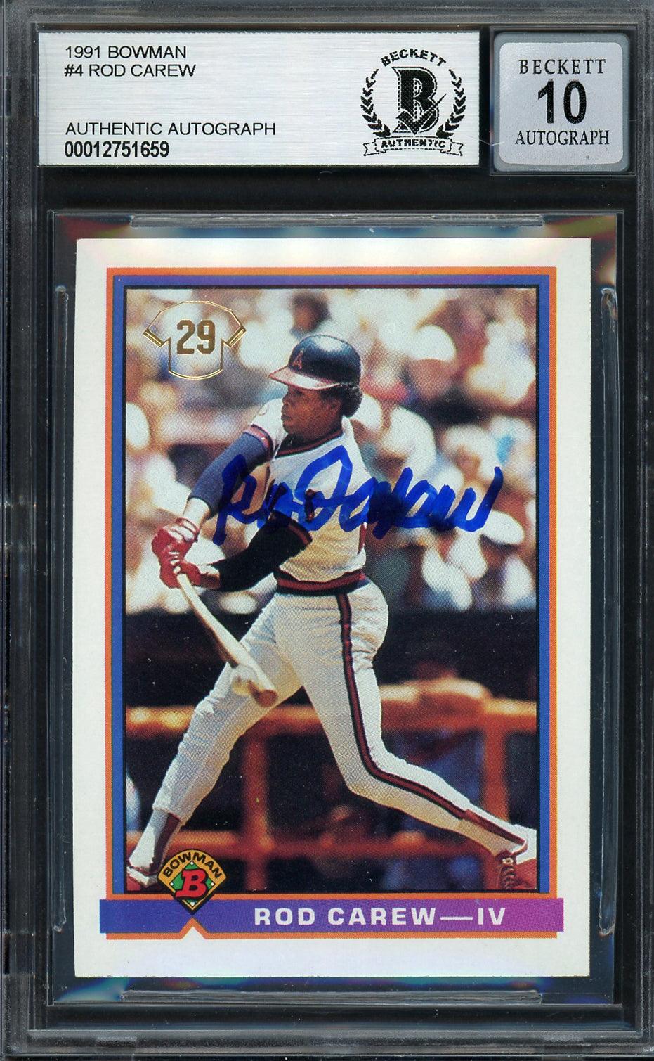 Rod Carew Autographed 1991 Bowman Card #4 California Angels Auto Grade Gem Mint 10 Beckett BAS Stock #192694