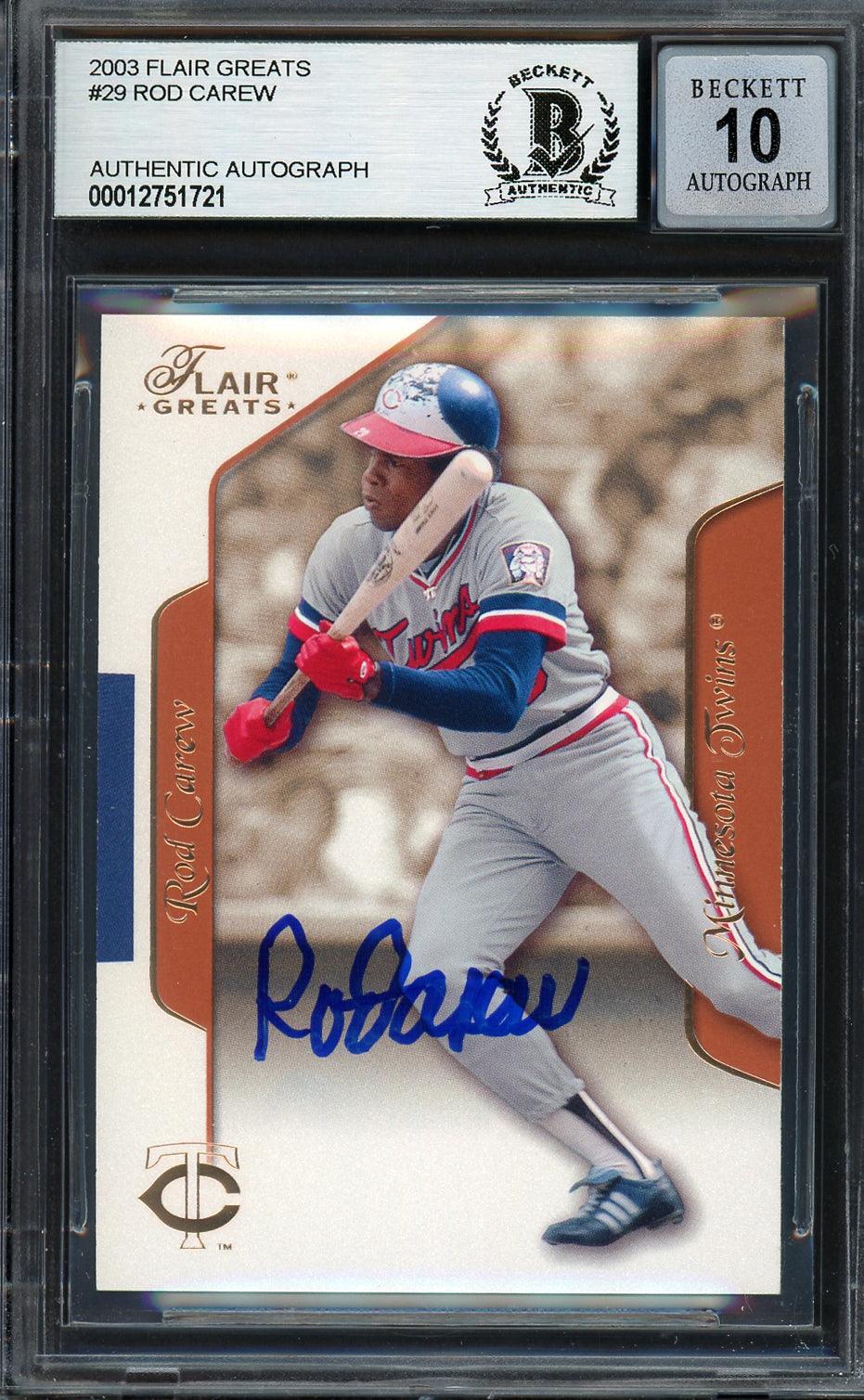 Rod Carew Autographed 2003 Fleer Flair Greats Card #29 Minnesota Twins Auto Grade Gem Mint 10 Beckett BAS #12751721