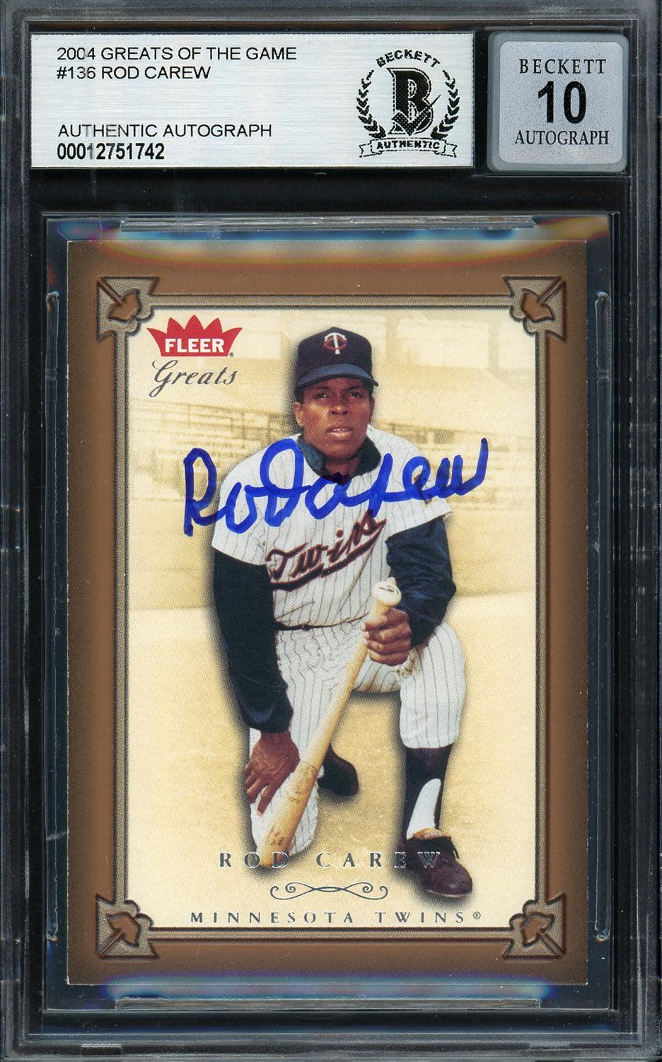 Rod Carew Autographed 2004 Fleer Greats of the Game Card #136 Minnesota Twins Auto Grade Gem Mint 10 Beckett BAS #12751742
