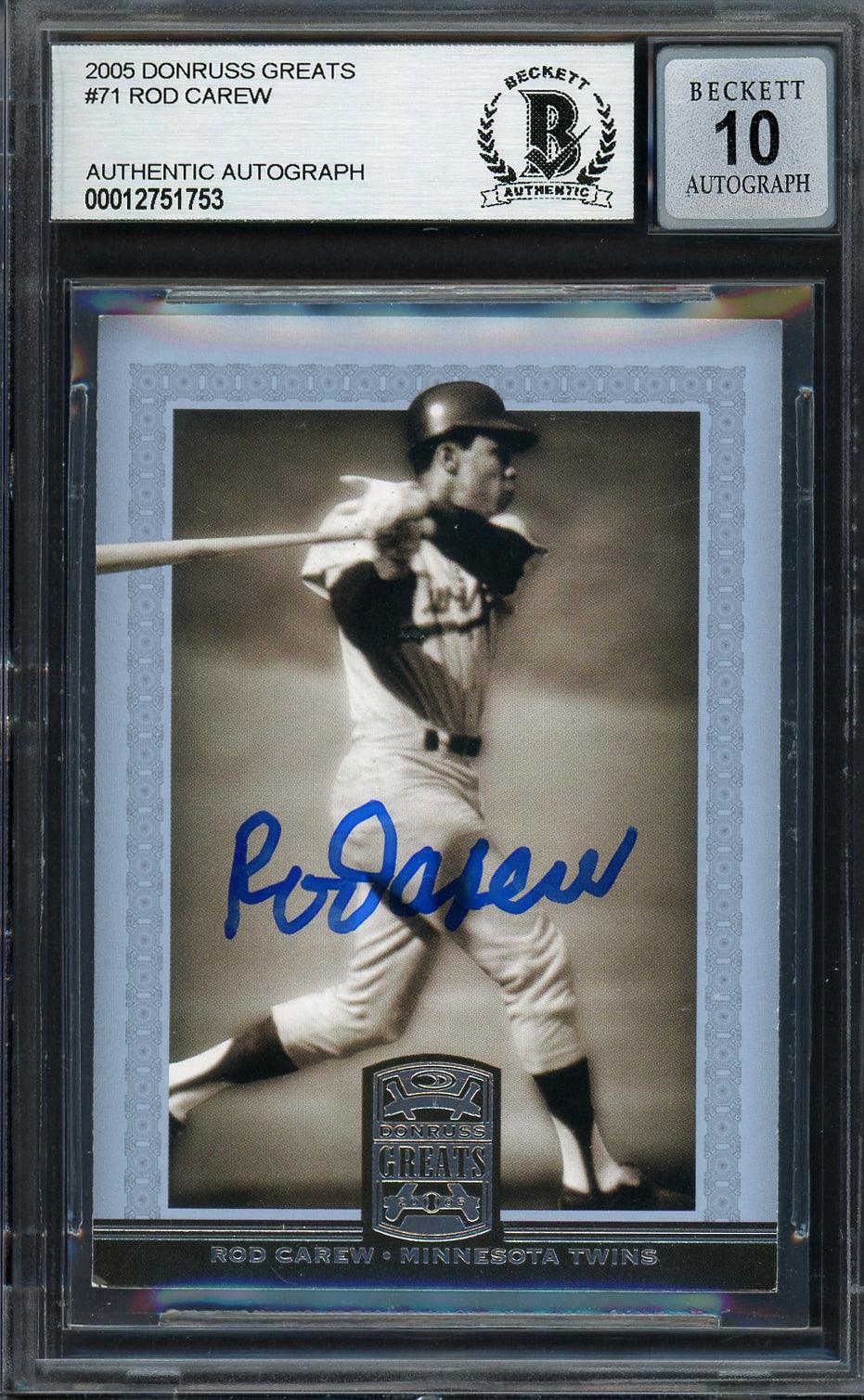 Rod Carew Autographed 2005 Donruss Greats Card #71 Minnesota Twins Auto Grade Gem Mint 10 Beckett BAS #12751753