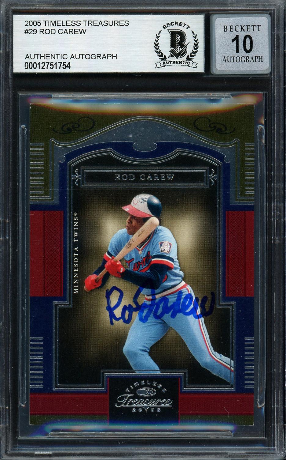 Rod Carew Autographed 2005 Donruss Timeless Treasures Card #29 Minnesota Twins Auto Grade Gem Mint 10 #437/799 Beckett BAS #12751754