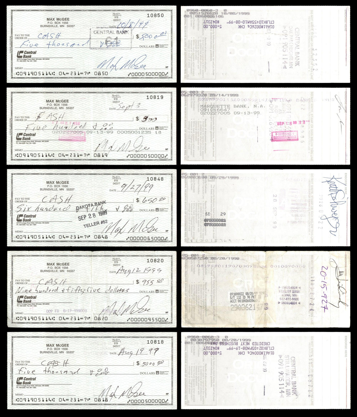 Max McGee Autographed 2.75x6 Check Green Bay Packers Lot of 20 SKU #174046