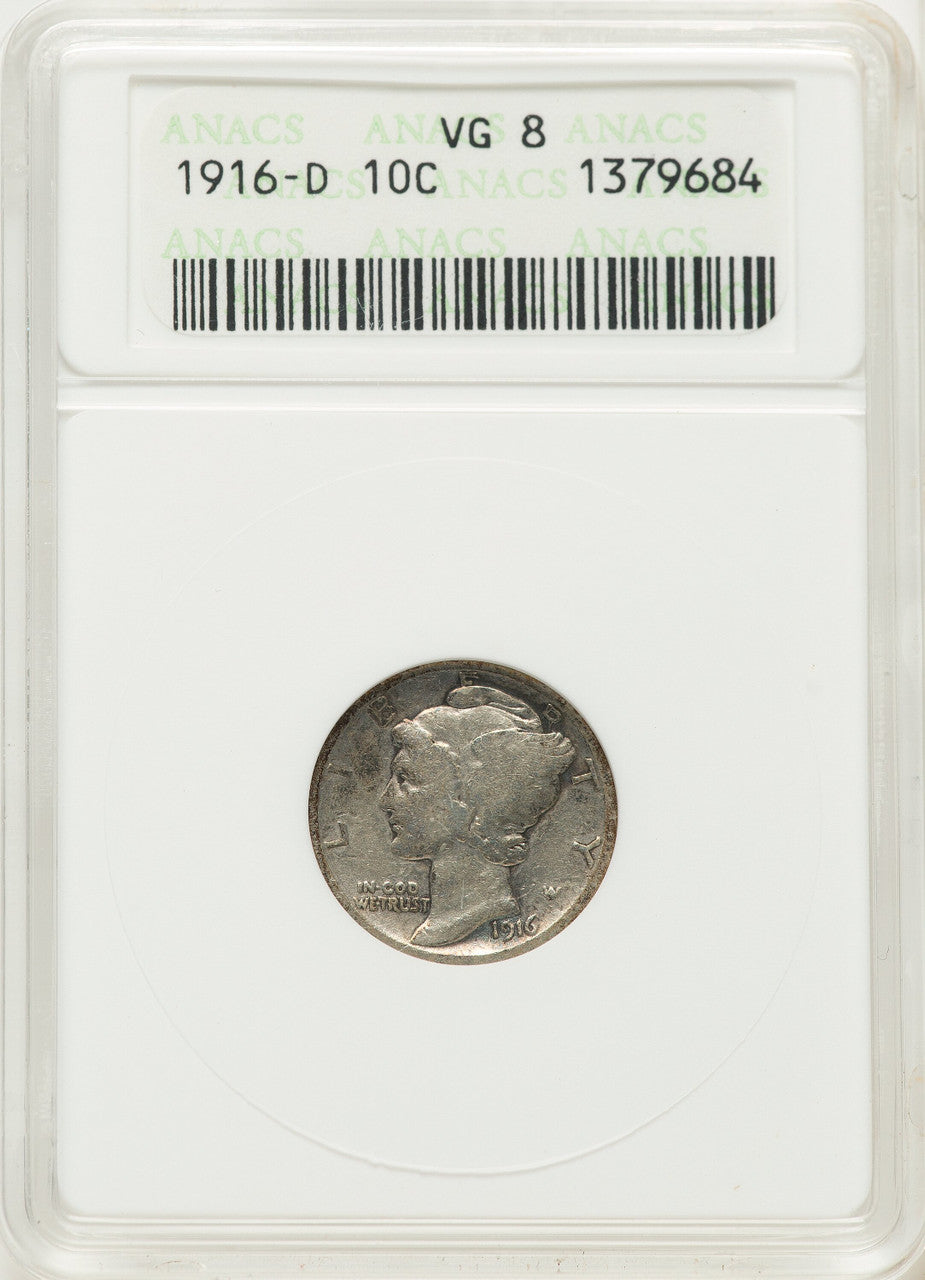 1916-D 10C Mercury Dime ANACS VG8