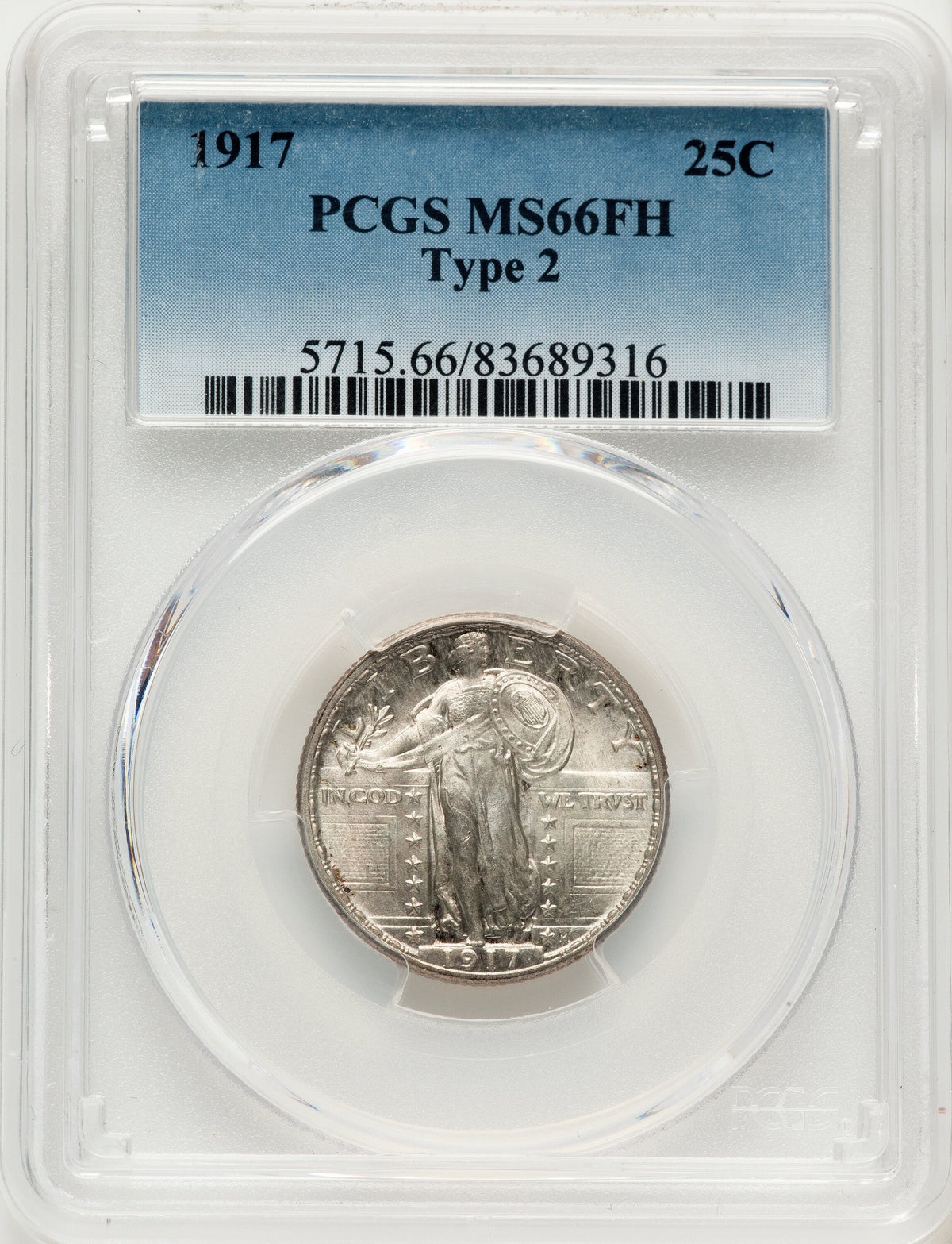 1917 25C Type Two FH Standing Liberty Quarter PCGS MS66