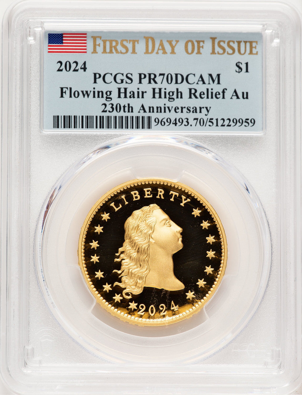 2024-(W) Gold 230th Anniversary Flowing Hair FDI Flag PCGS PR70