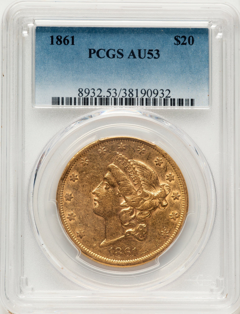 1861 $20 Liberty Double Eagle PCGS AU53