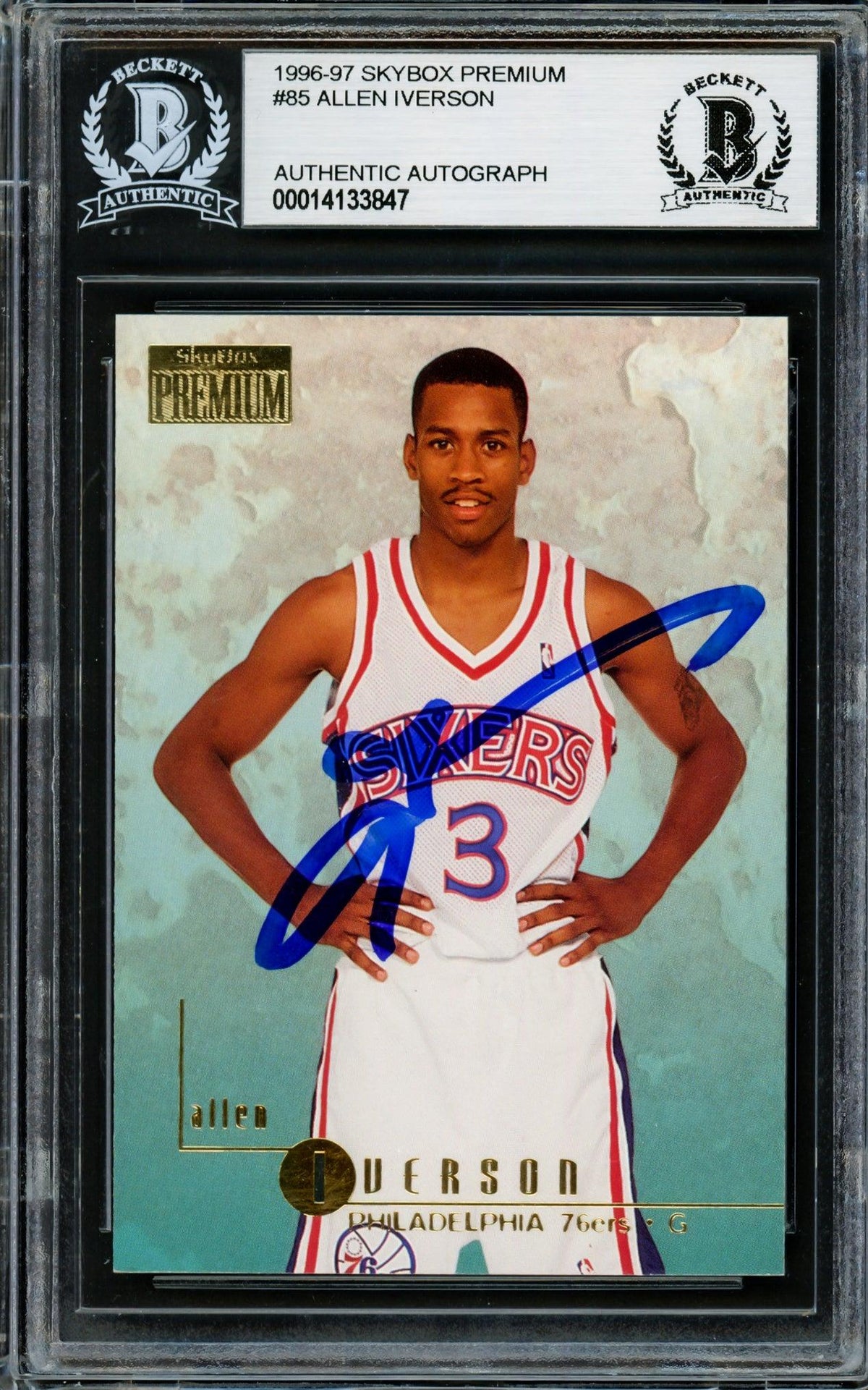 Allen Iverson Autographed 1996-97 Skybox Premium Rookie Card #85 Philadelphia 76ers Beckett BAS Stock #203710