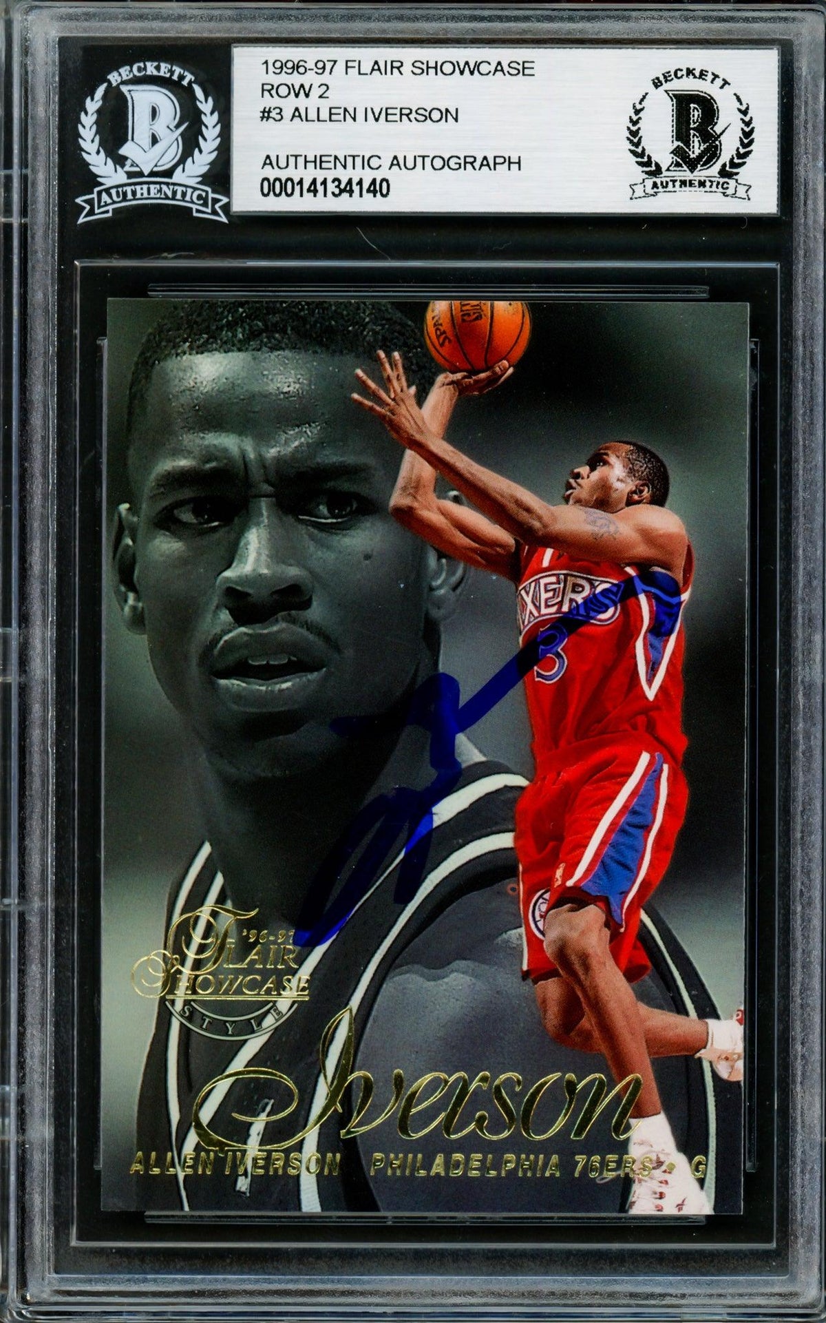 Allen Iverson Autographed 1996-97 Flair Showcase Row 2 Rookie Card #3 Philadelphia 76ers Beckett BAS #14134140