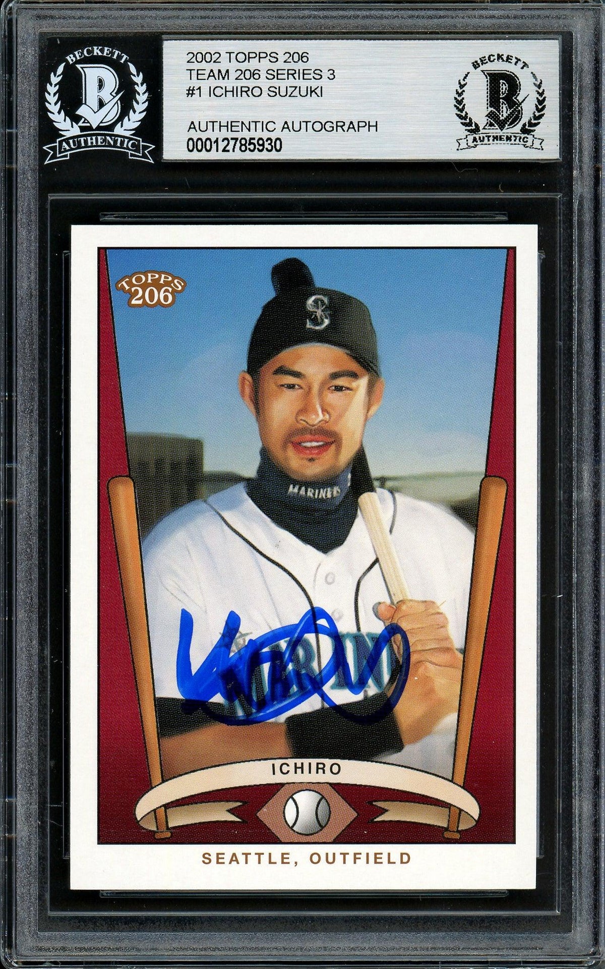Ichiro Suzuki Autographed 2002 Topps 206 Card #T206-1 Seattle Mariners Beckett BAS Stock #194246