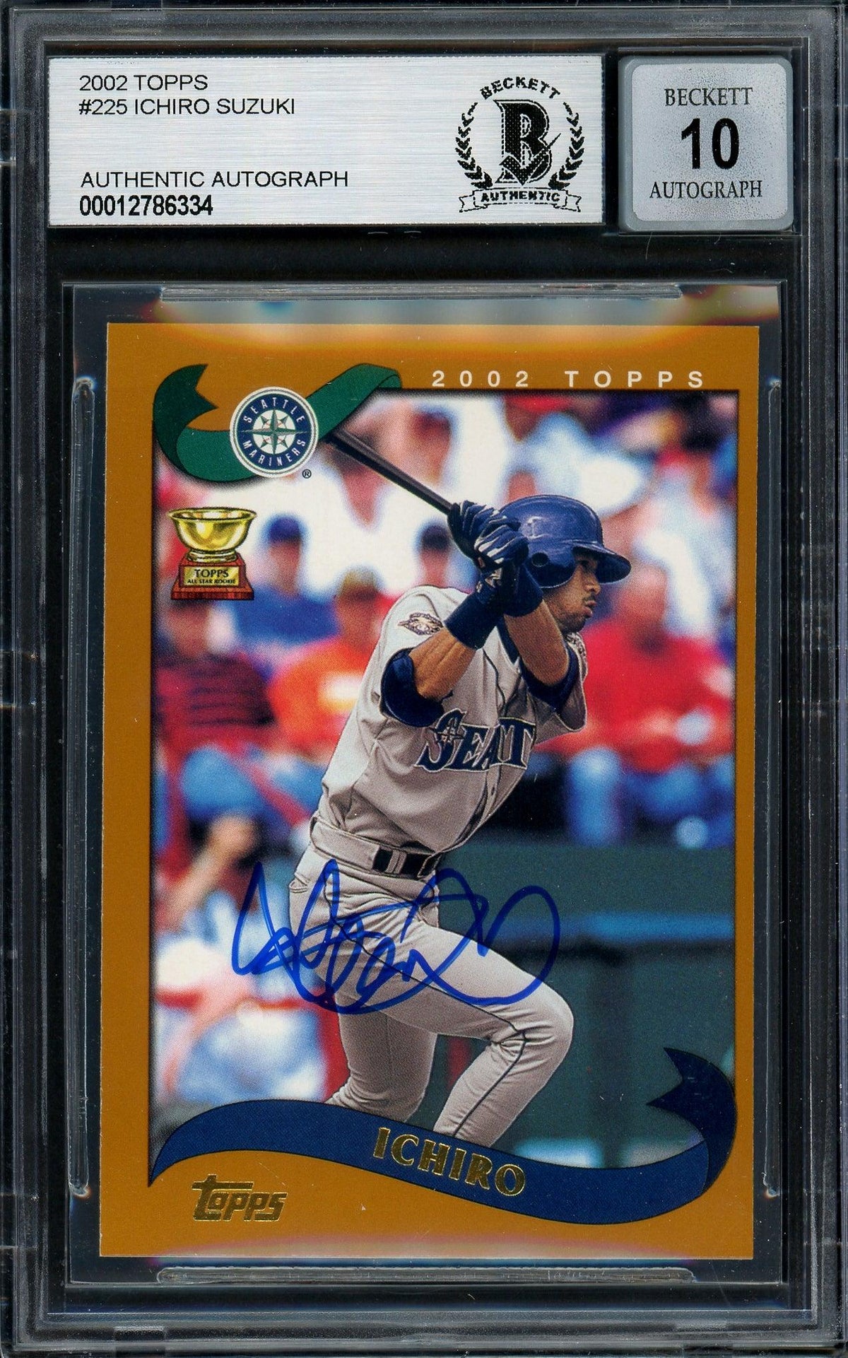 Ichiro Suzuki Autographed 2002 Topps Card #225 Seattle Mariners Auto Grade Gem Mint 10 Beckett BAS Stock #194318