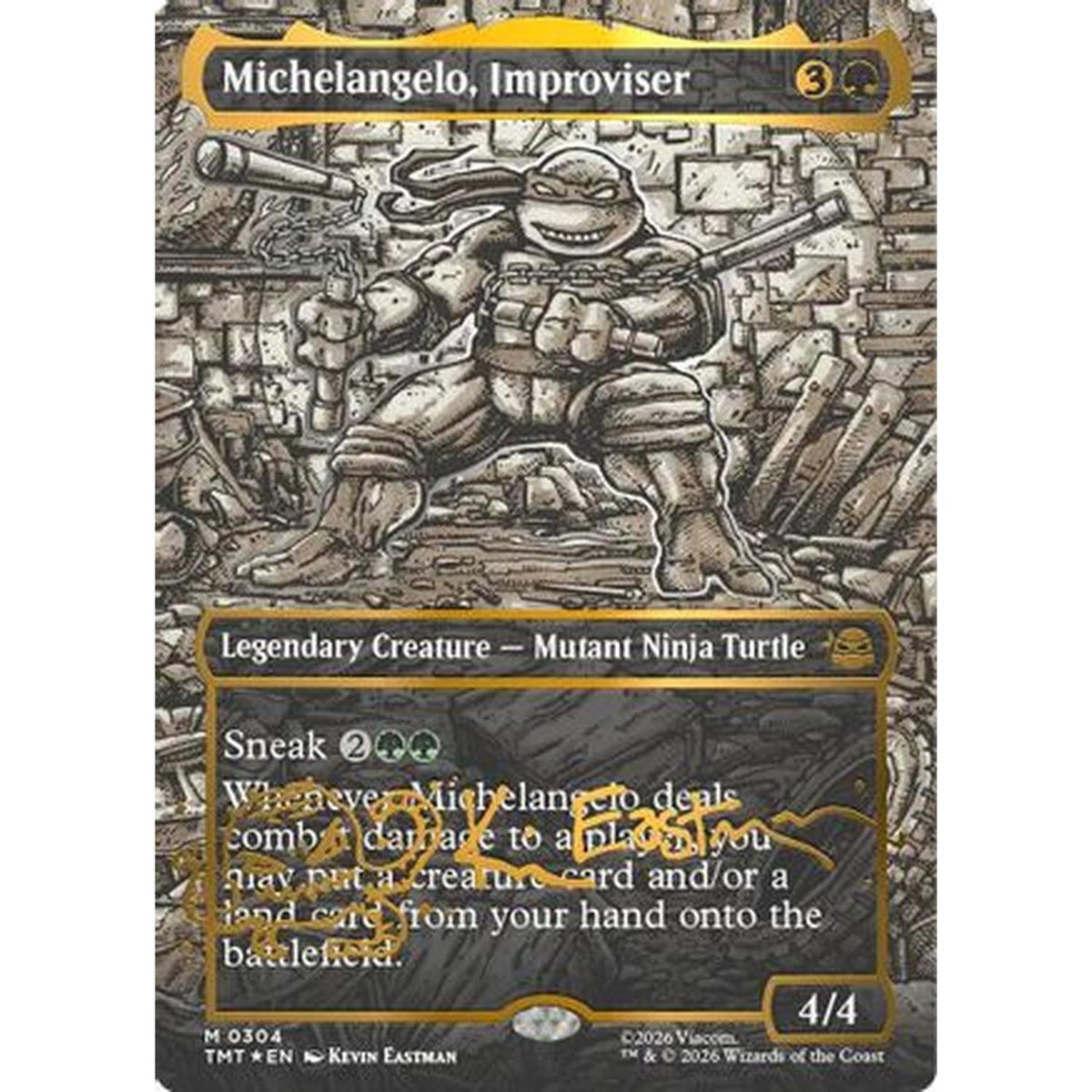 Michelangelo, Improviser (Borderless) (Gold-Stamped Signature) [Teenage Mutant Ninja Turtles] Foil (Lightly Played Foil)