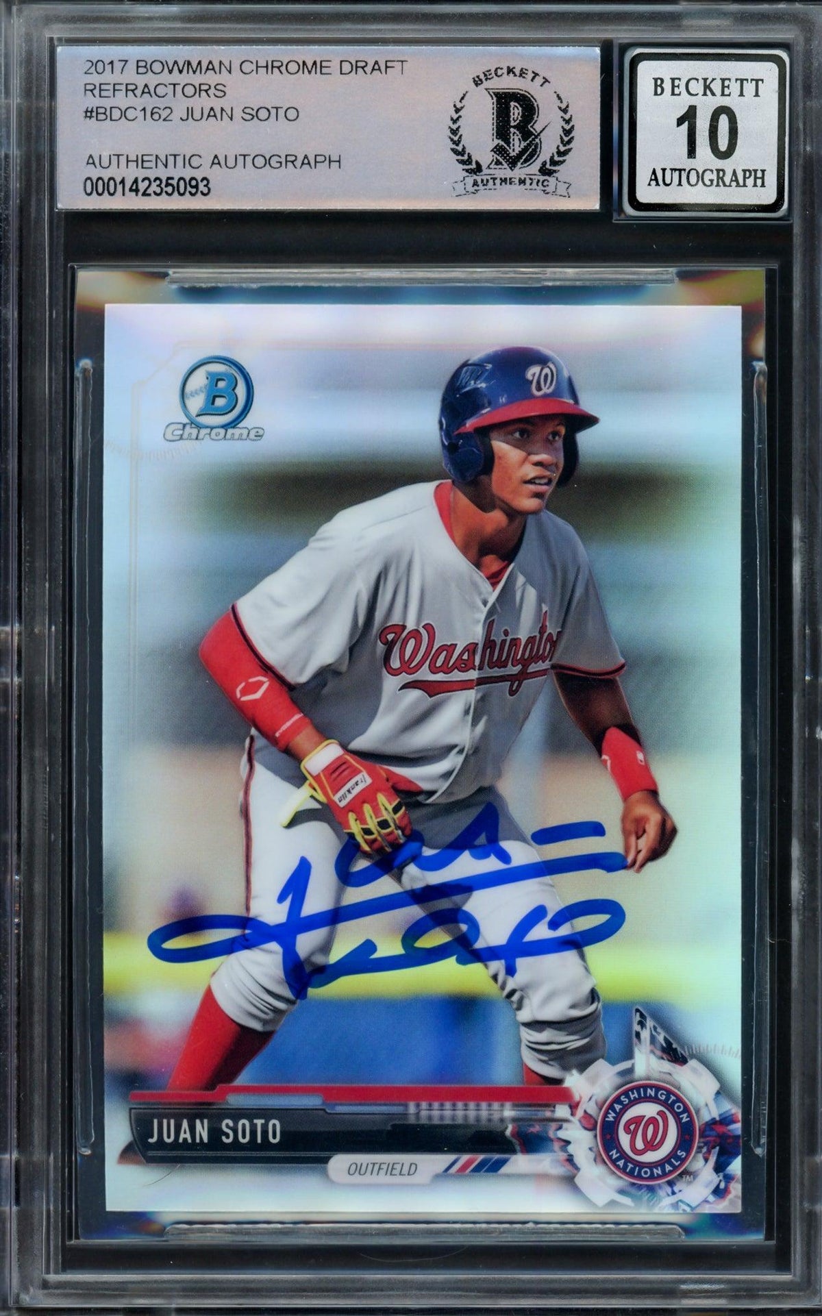 Juan Soto Autographed 2017 Bowman Chrome Draft Refractor Rookie Card #BDC162 Washington Nationals Auto Grade Gem Mint 10 Beckett BAS #14235093
