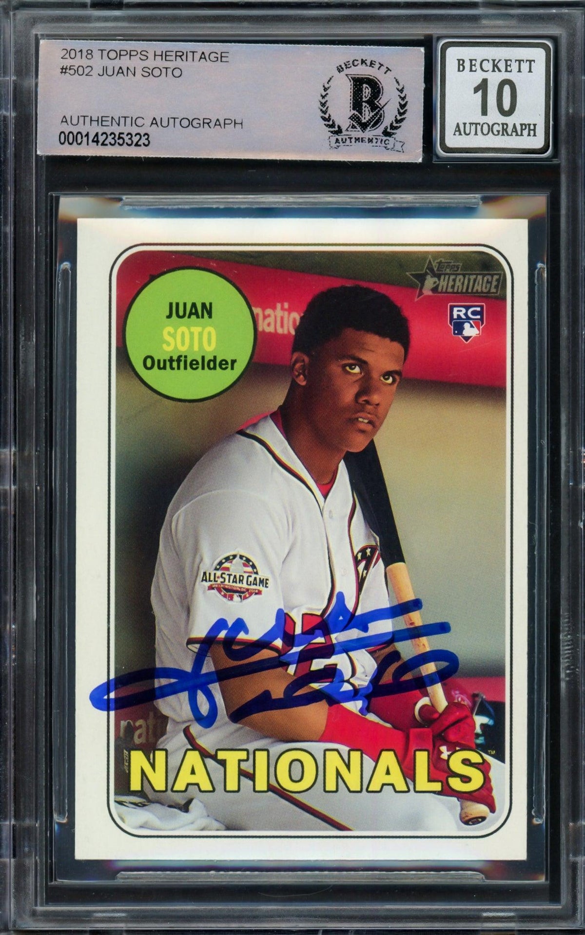 Juan Soto Autographed 2018 Topps Heritage Rookie Card #502 Washington Nationals Auto Grade Gem Mint 10 (Off Center) Beckett BAS #14235323
