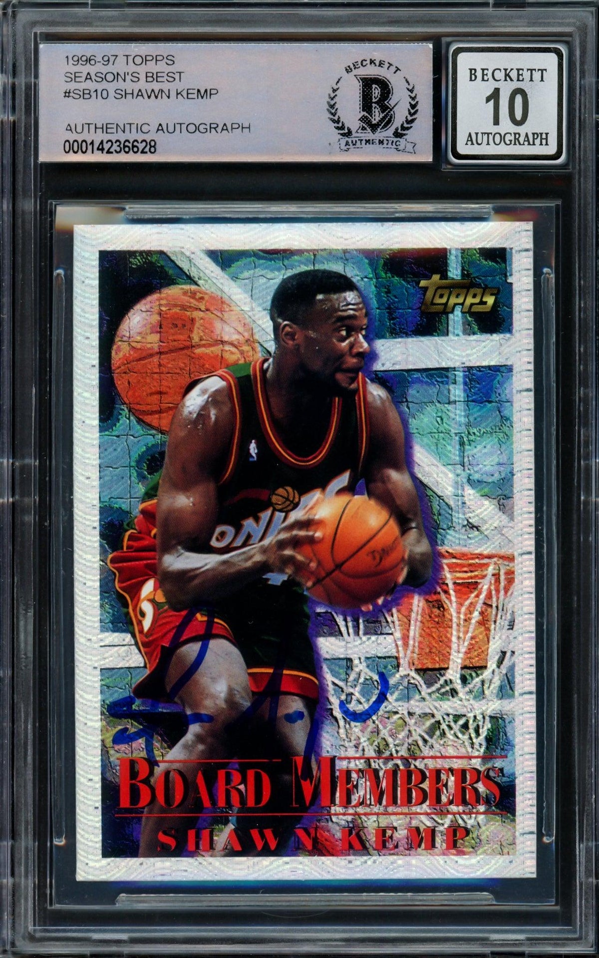 Shawn Kemp Autographed 1996 Topps Season's Best Board Members Card #SB10 Seattle Super Sonics Auto Grade Gem Mint 10 Beckett BAS #14236628