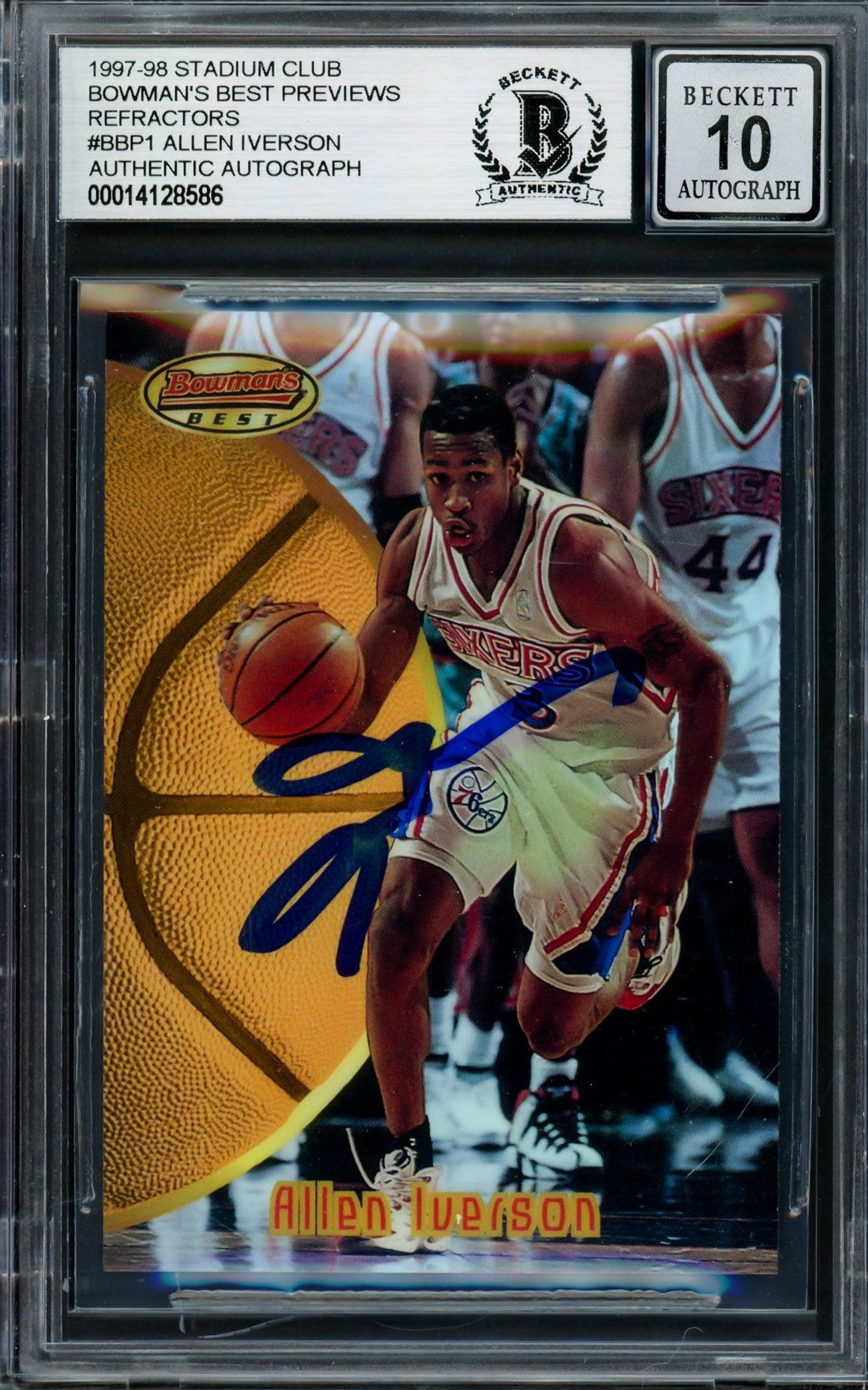 Allen Iverson Autographed 1997-98 Bowman's Best Preview Refractor Rookie Card #BBP1 Philadelphia 76ers Auto Grade Gem Mint 10 Beckett BAS #14128586