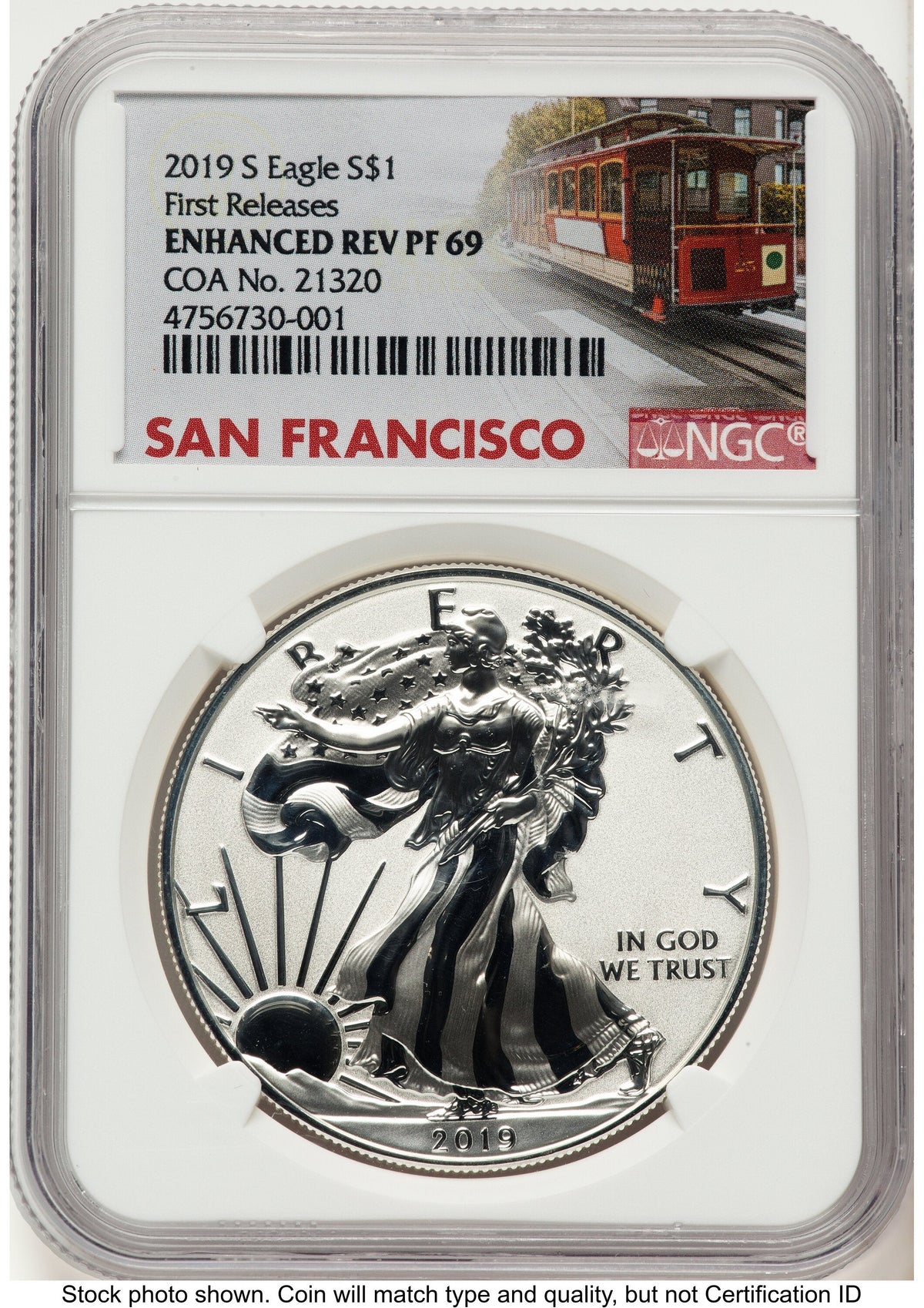 2019-S Enhanced Reverse Proof Silver Eagle 1 oz FR Trolley Label NGC PF69