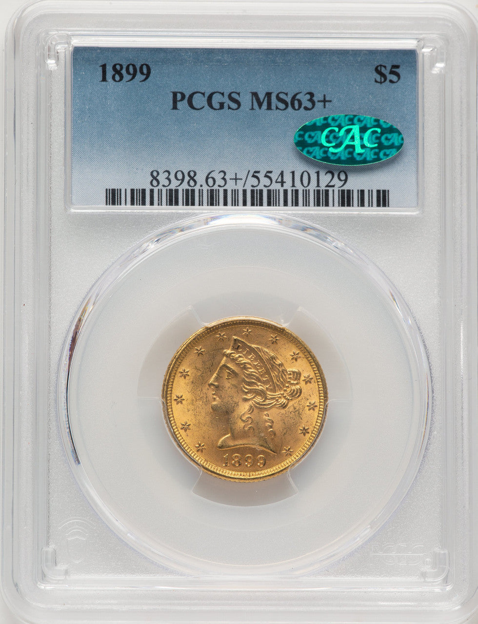 1899 $5 CAC Liberty Half Eagle PCGS MS63+