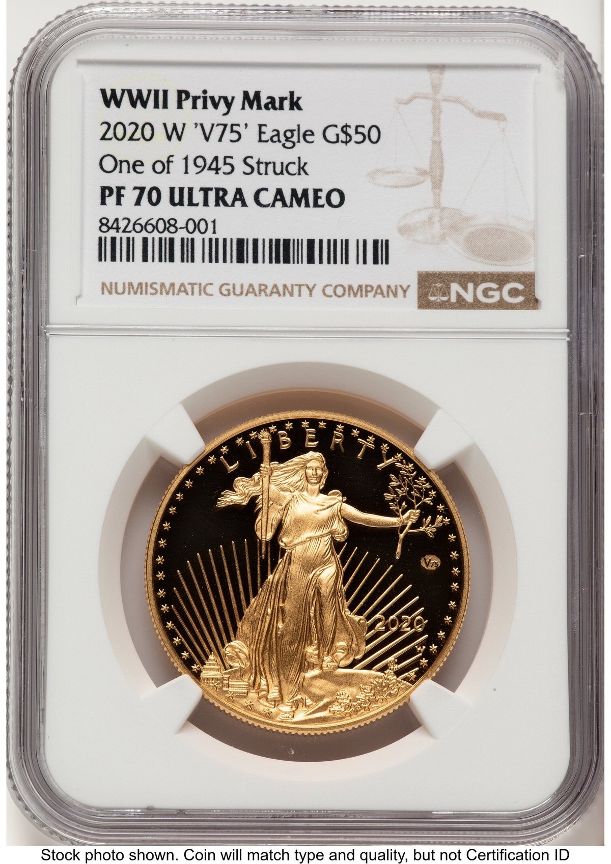 2020-W Proof Gold Eagle V75 Privy One of 1945 Struck 1 oz Brown Label NGC PF70