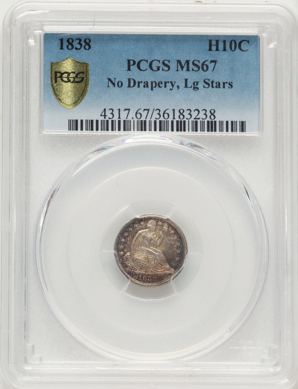 1838 H10C NO DRAPERY Seated Half Dime PCGS MS67