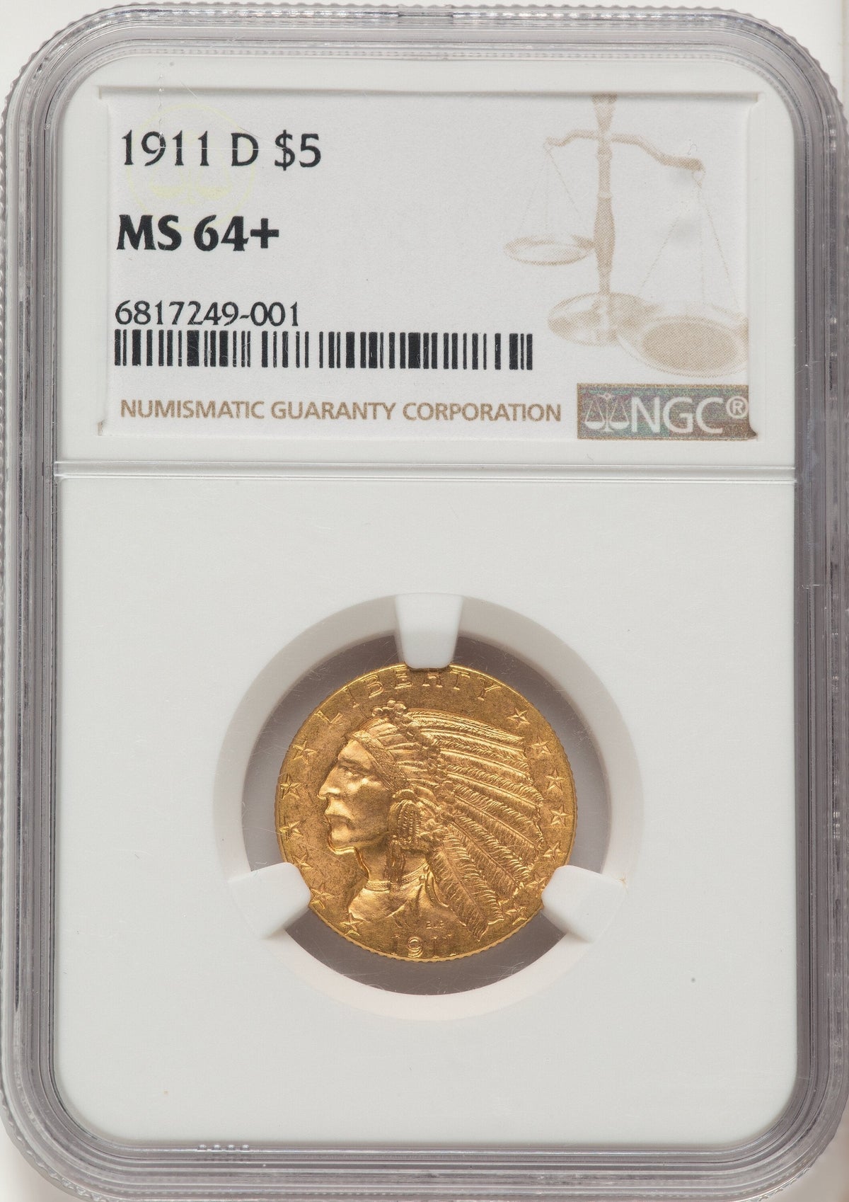1911-D $5 Indian Half Eagle NGC MS64+