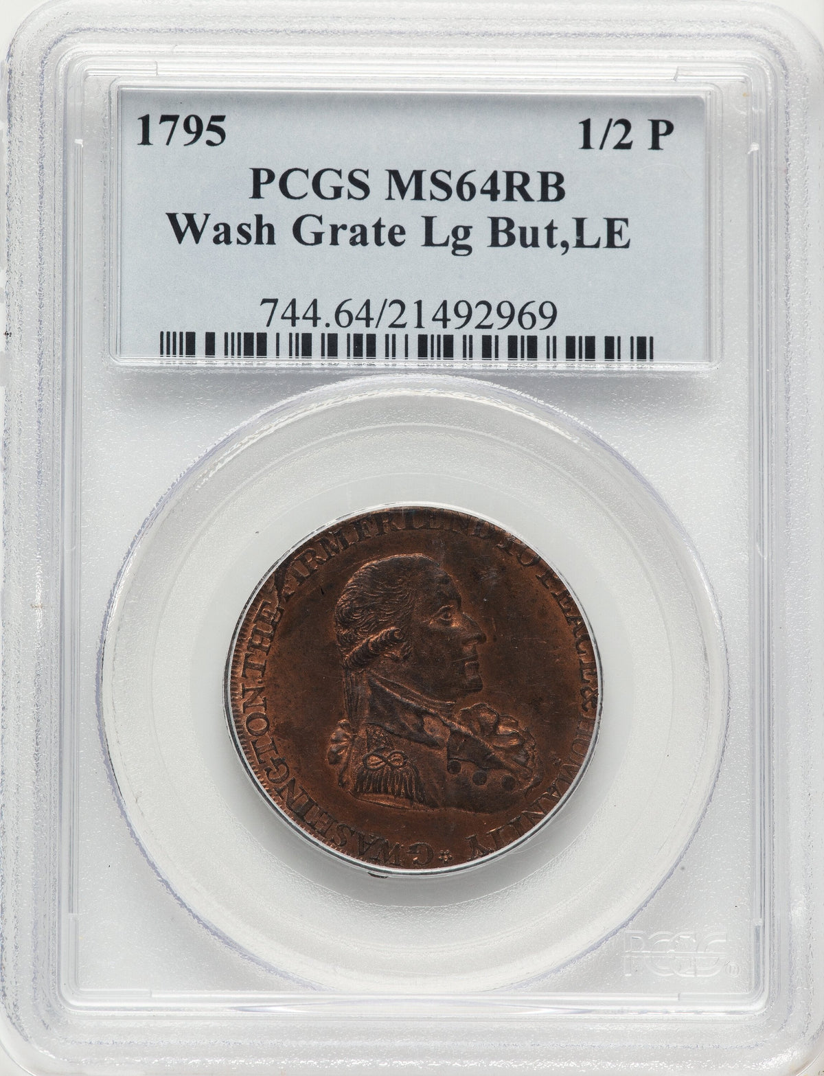 1795 Washington Grate Halfpenny Large Buttons Lettered Edge RB Colonials PCGS MS64