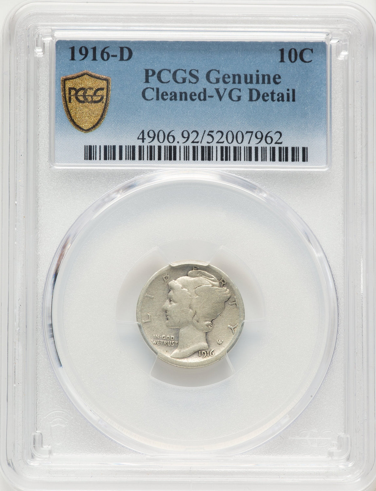 1916-D 10C Genuine Mercury Dime Genuine PCGS VG8