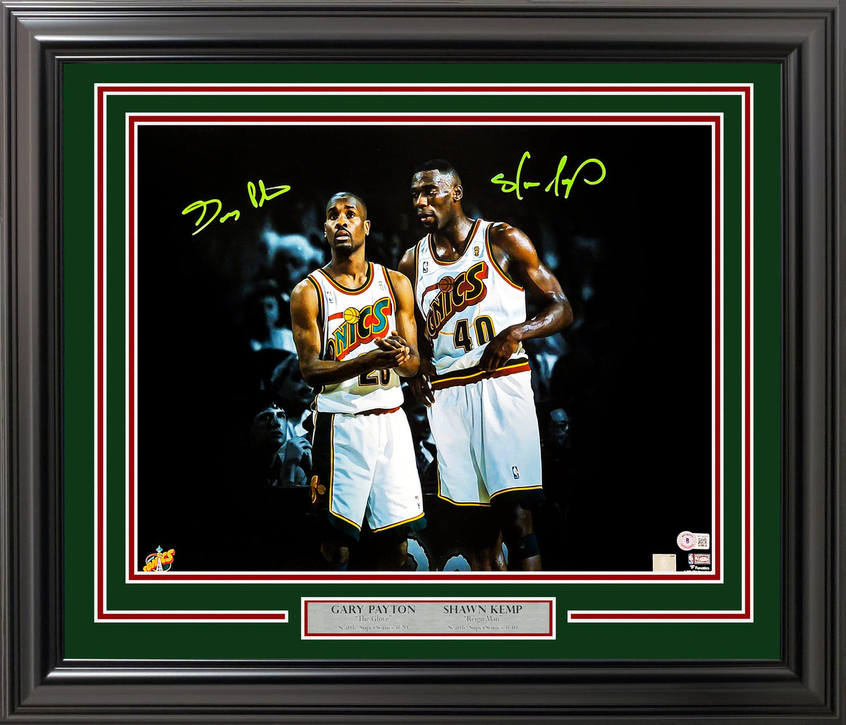 Gary Payton & Shawn Kemp Autographed Framed 16x20 Photo Seattle Supersonics Beckett BAS Stock #206941