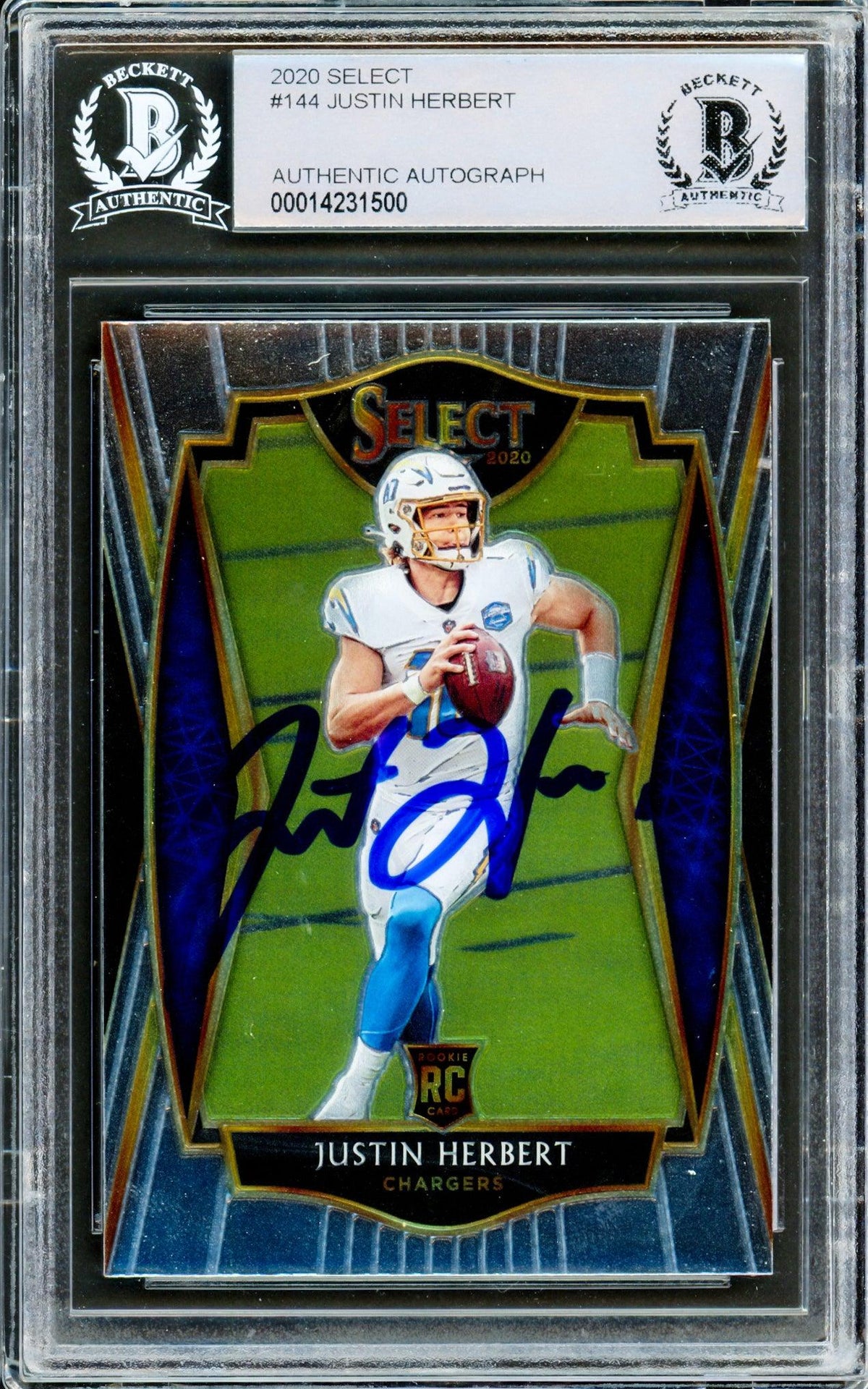 Justin Herbert Autographed 2020 Panini Select Premier Level Rookie Card #144 Los Angeles Chargers Beckett BAS #14231500