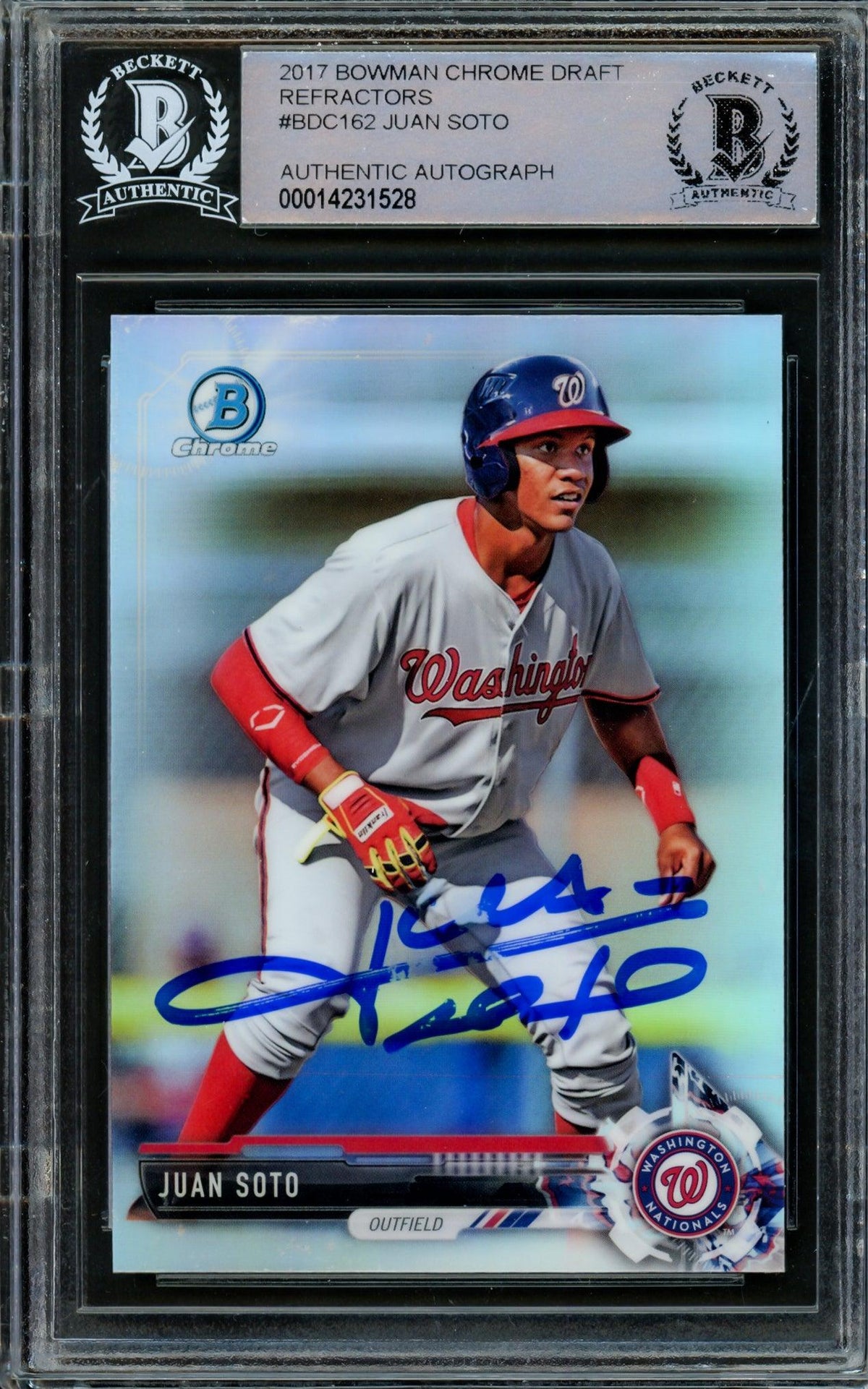 Juan Soto Autographed 2017 Bowman Chrome Draft Refractor Rookie Card #BDC162 Washington Nationals Beckett BAS #14231528