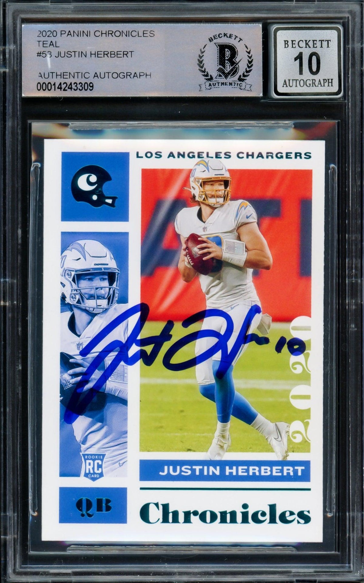 Justin Herbert Autographed 2020 Panini Chronicles Teal Parallel Rookie Card #53 Los Angeles Chargers Auto Grade Gem Mint 10 Beckett BAS #14243309