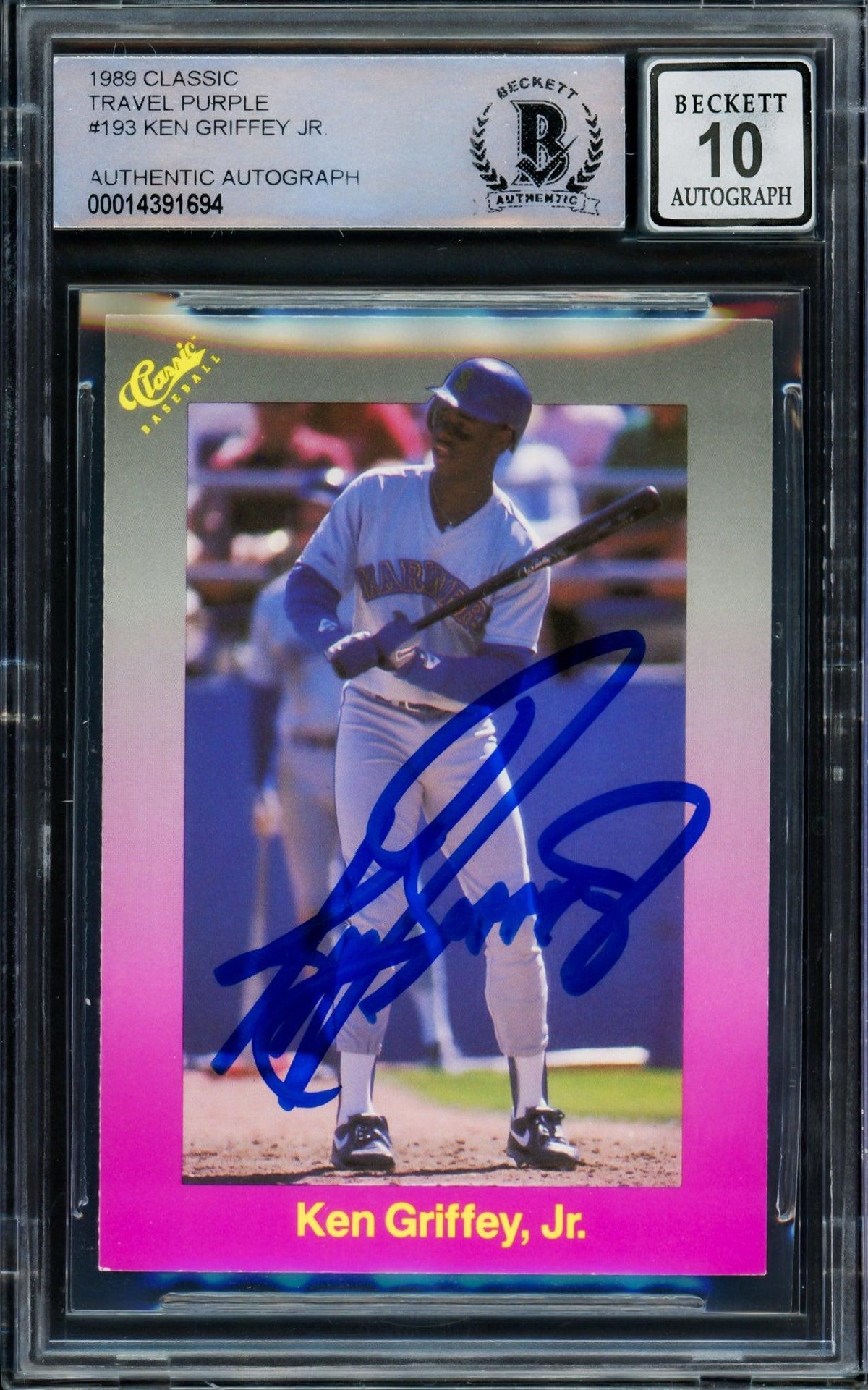 Ken Griffey Jr. Autographed 1989 Classic Travel Purple Rookie Card #193 Seattle Mariners Auto Grade Gem Mint 10 Beckett BAS Stock #206760