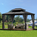 10' x 10' Hardtop Gazebo with Curtains and Netting, Permanent Outdoor Patio Gazebo with Aluminum Frame and Double Polycarbonate Roof for Backyard, Lawn, Deck and Garden (Gray / 12' x 10')