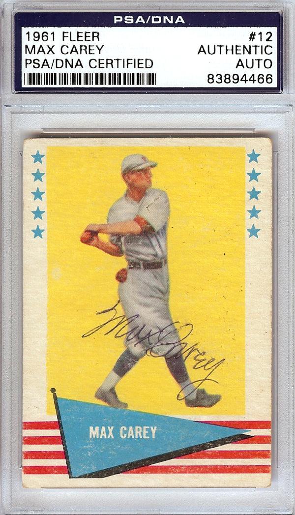 Max Carey Autographed 1961 Fleer Card #12 Pittsburgh Pirates PSA/DNA #83894466