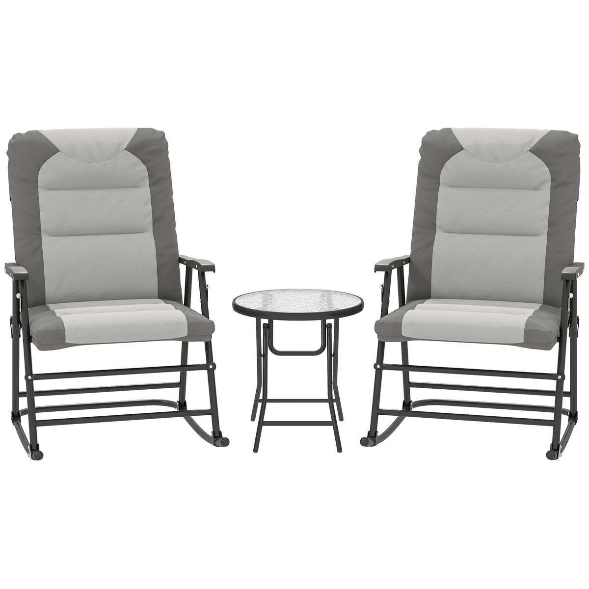 3pc Patio Foldable Rocking Chair Set, Outdoor Rocking Chairs and Table Bistro Set, Light Grey