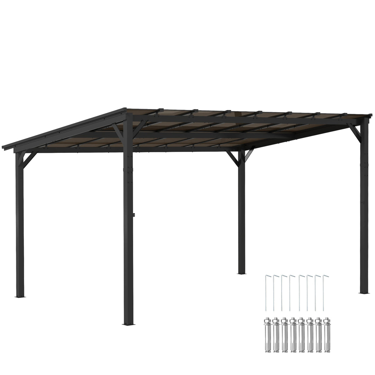 10' x 14' Wall-Mounted / Free Standing Outdoor Pergola with Polycarbonate Roof, Dark Grey