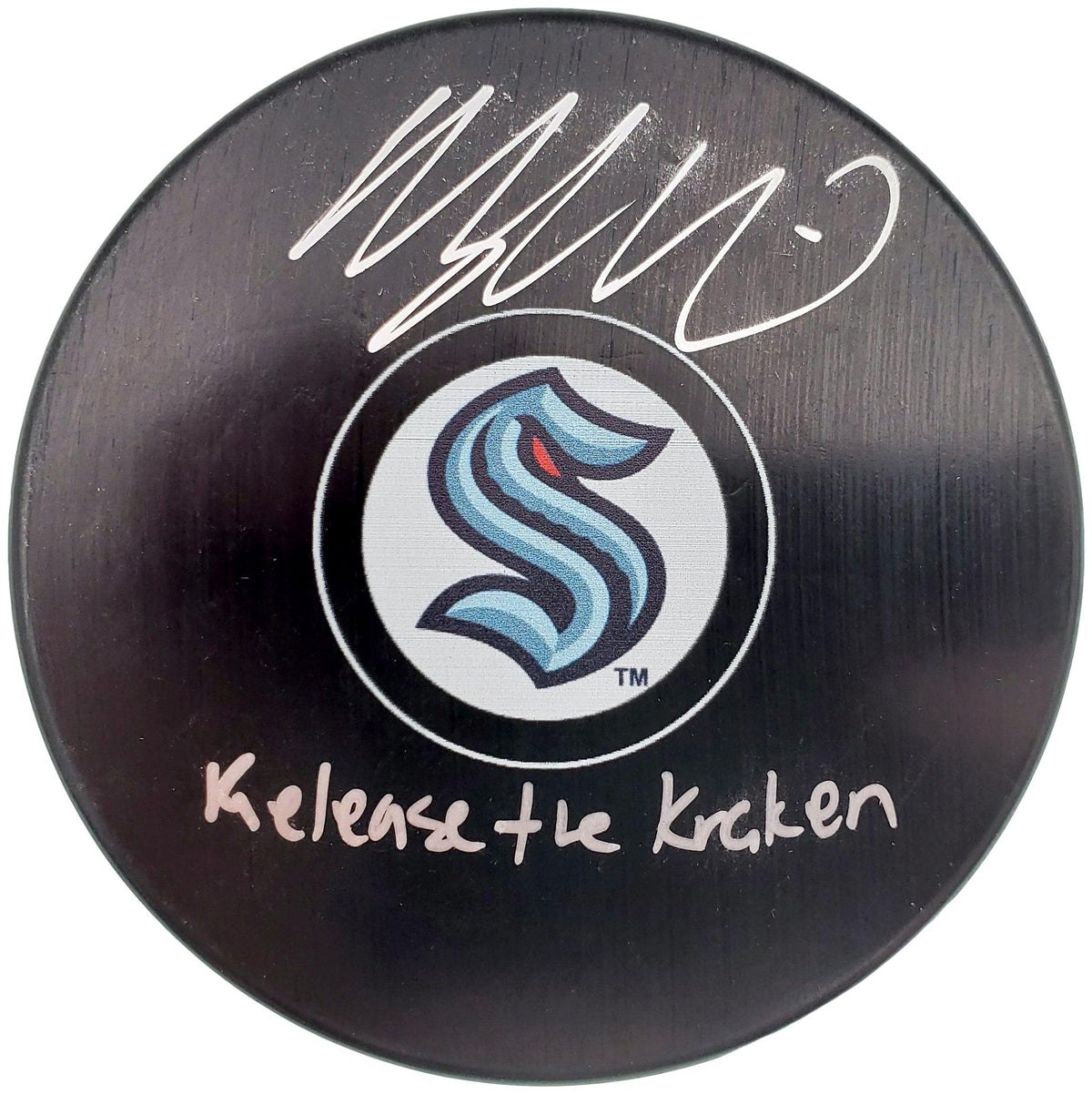 Morgan Geekie Autographed Official Seattle Kraken Logo Hockey Puck "Release The Kraken" Fanatics Holo Stock #197087