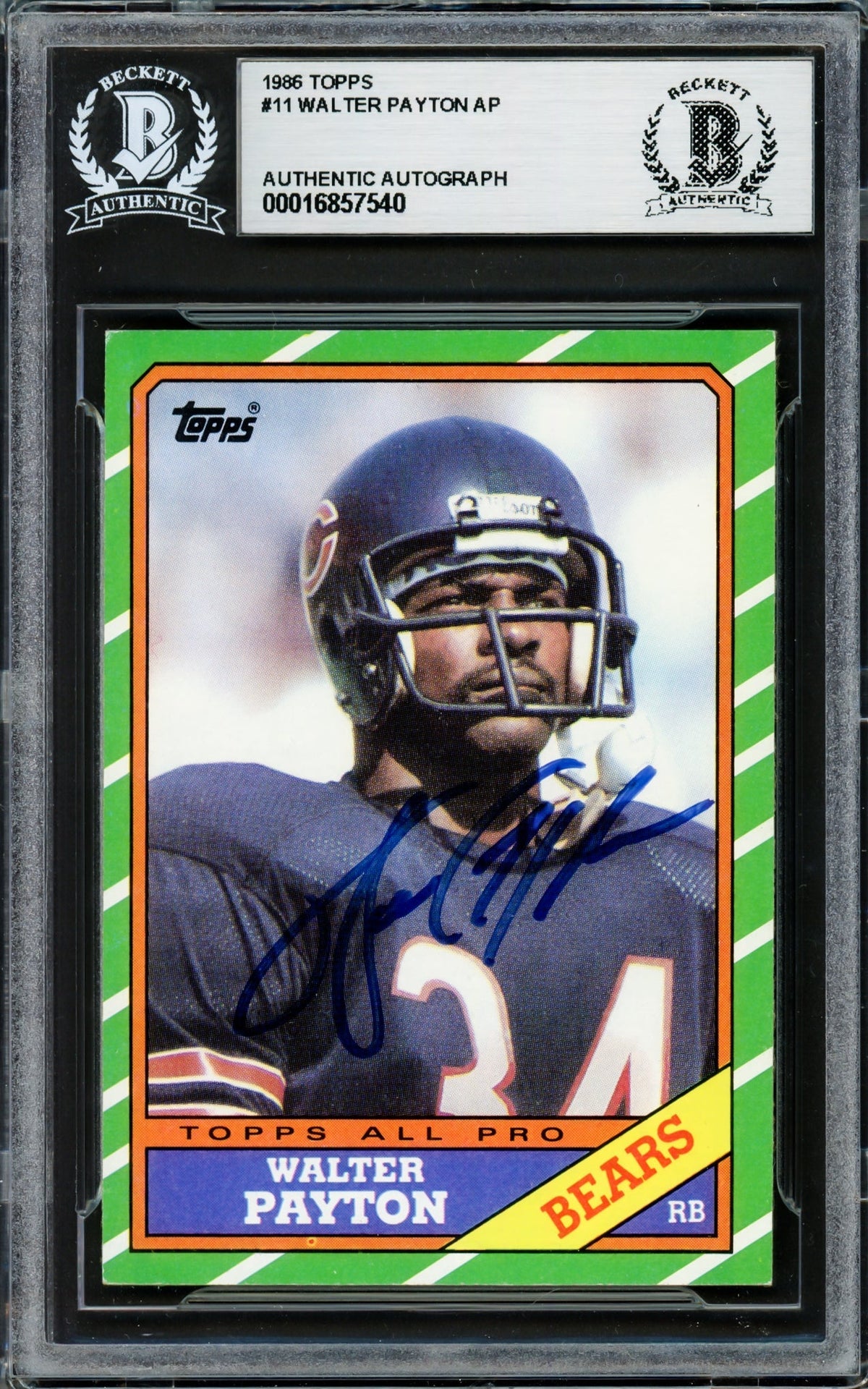Walter Payton Autographed 1986 Topps Card #11 Chicago Bears Beckett BAS #16857540