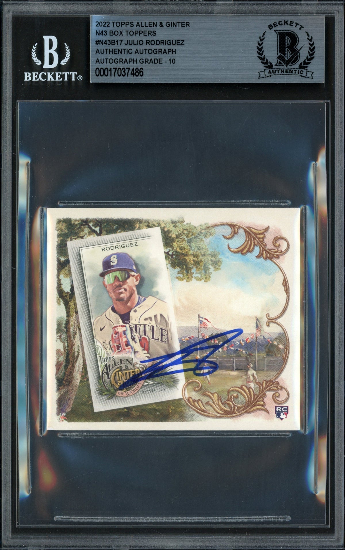 Julio Rodriguez Autographed 2022 Topps Allen & Ginter N43 Rookie Card #N43B-17 Seattle Mariners Auto Grade Gem Mint 10 Beckett BAS #17037486