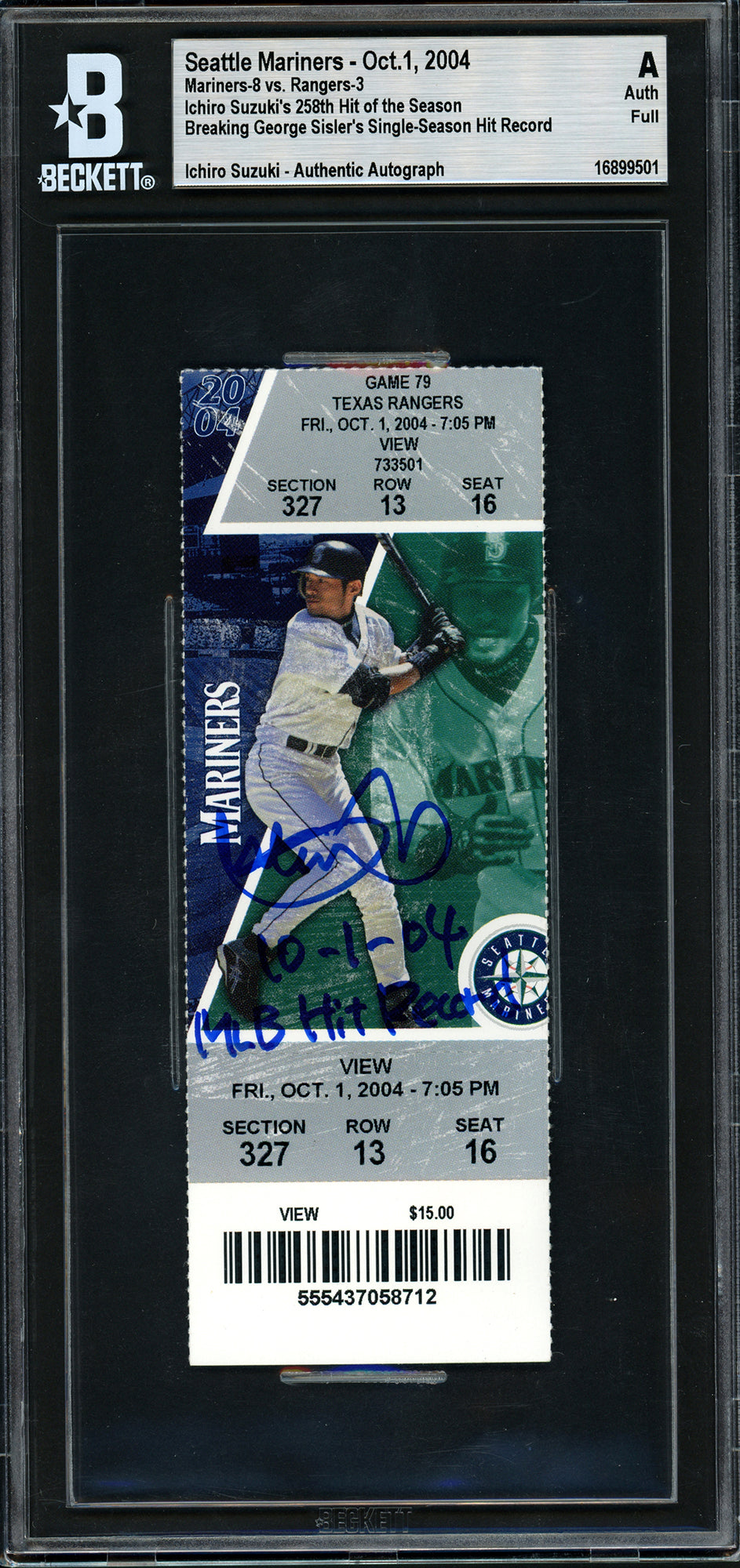 Ichiro Suzuki Autographed October 1st, 2004 Ticket Seattle Mariners "10-1-04 MLB Hit Record" Breaks George Sisler's Record Beckett BAS #16899501