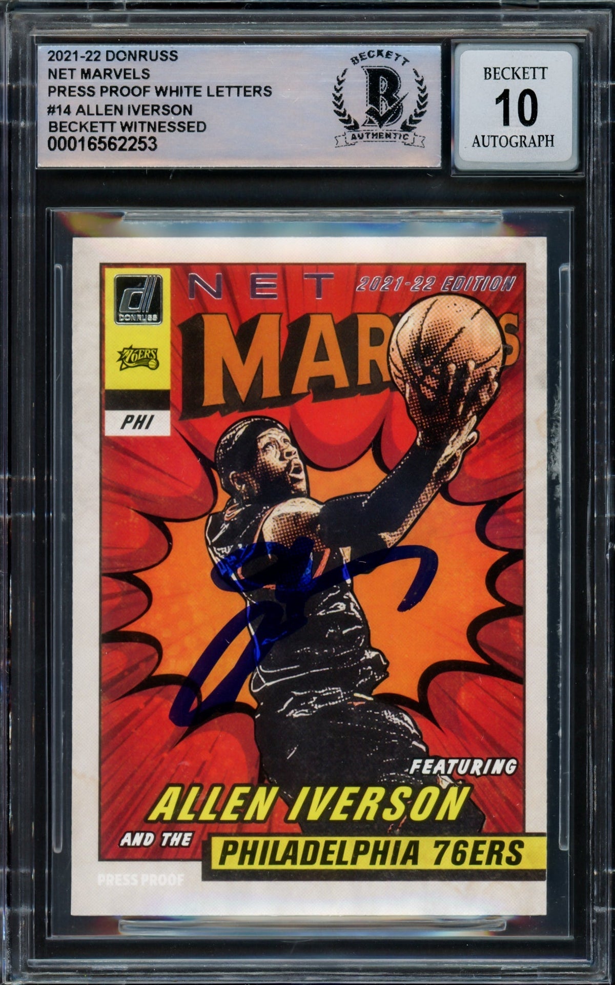Allen Iverson Autographed 2021-22 Donruss Net Marvels Press Proof White Letters Card #14 Card Philadelphia 76ers Auto Grade Gem Mint 10 Beckett BAS Witness