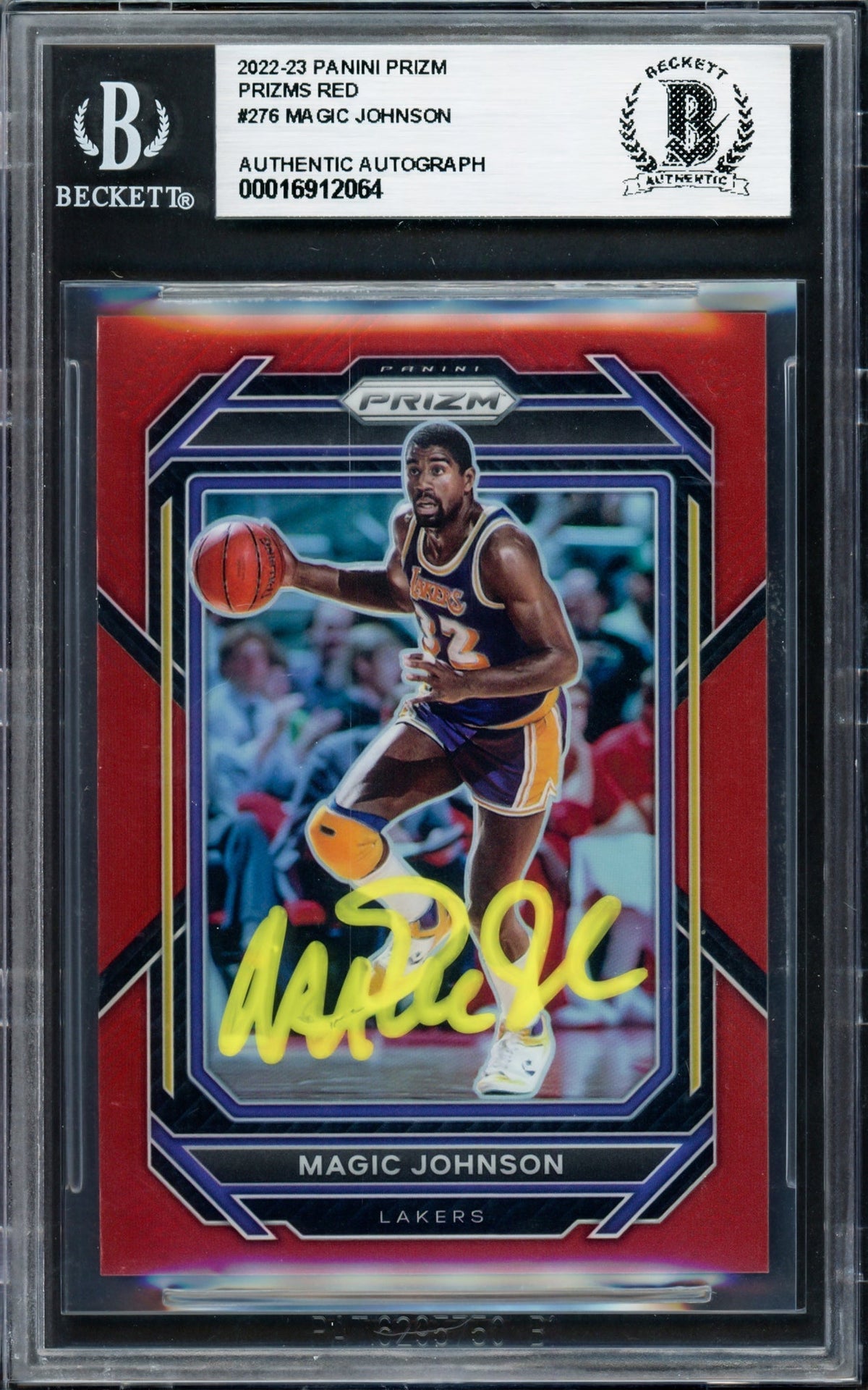 Magic Johnson Autographed 2022-23 Panini Prizm Prizms Red Card #276 Card Los Angeles Lakers #/299 Beckett BAS