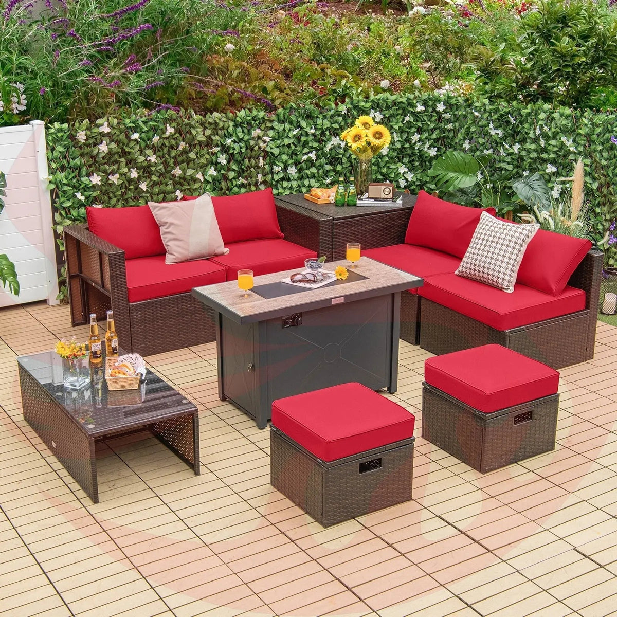 9 Pieces Outdoor Patio Furniture Set with 42 Inch Propane Fire Pit Table-Red (Turquoise)