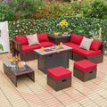 9 Pieces Outdoor Patio Furniture Set with 42 Inch Propane Fire Pit Table-Red (Gray)