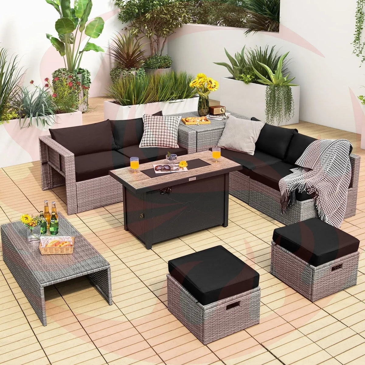 9 Pieces Patio Furniture Set with 42 Inches 60000 BTU Fire Pit-Black (Navy)